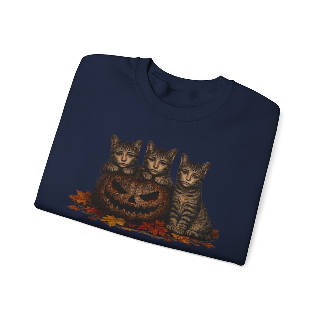 Halloween Cat Trio Crewneck Sweatshirt — Vintage Pumpkin Cats Fall Graphic