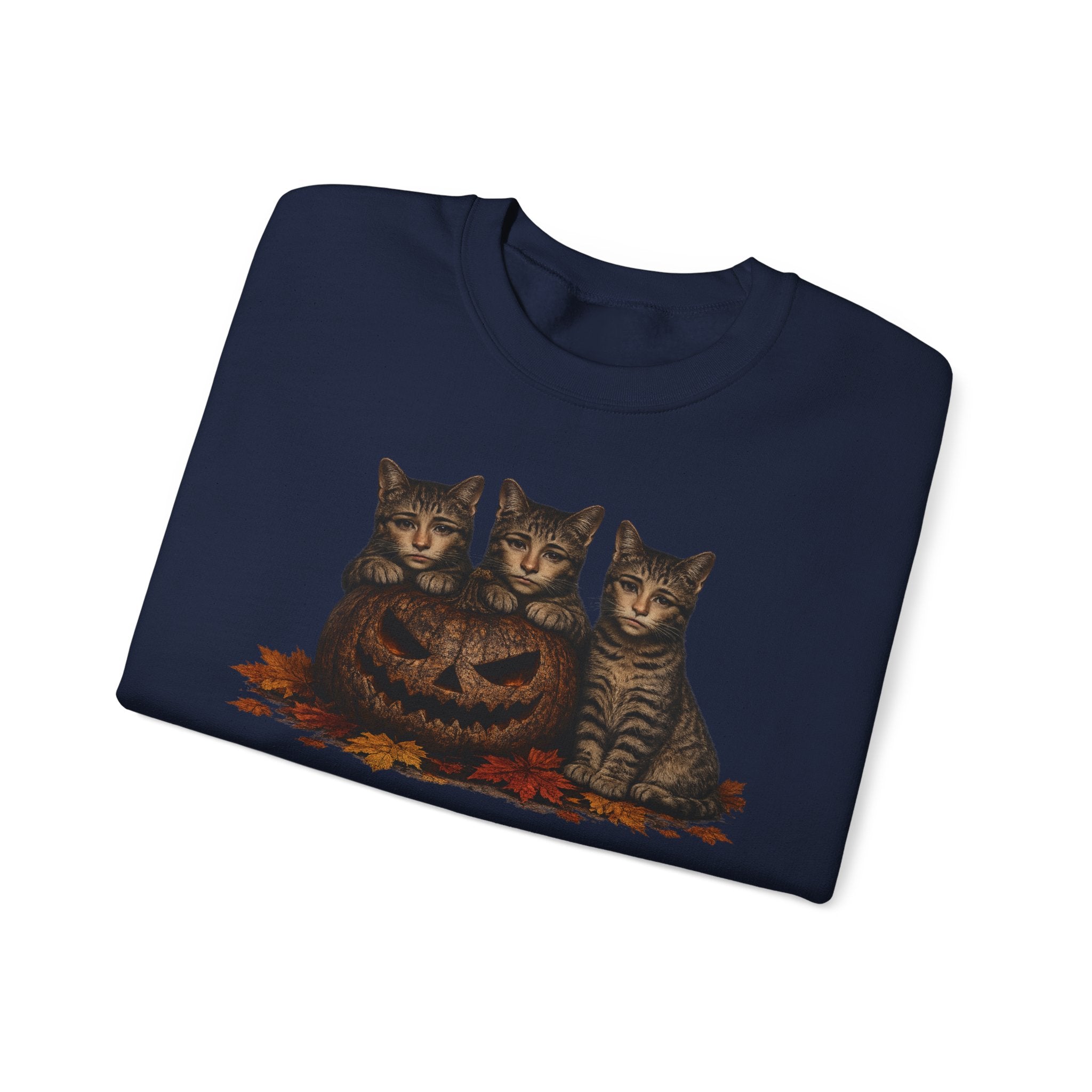 Halloween Cat Trio Crewneck Sweatshirt — Vintage Pumpkin Cats Fall Graphic