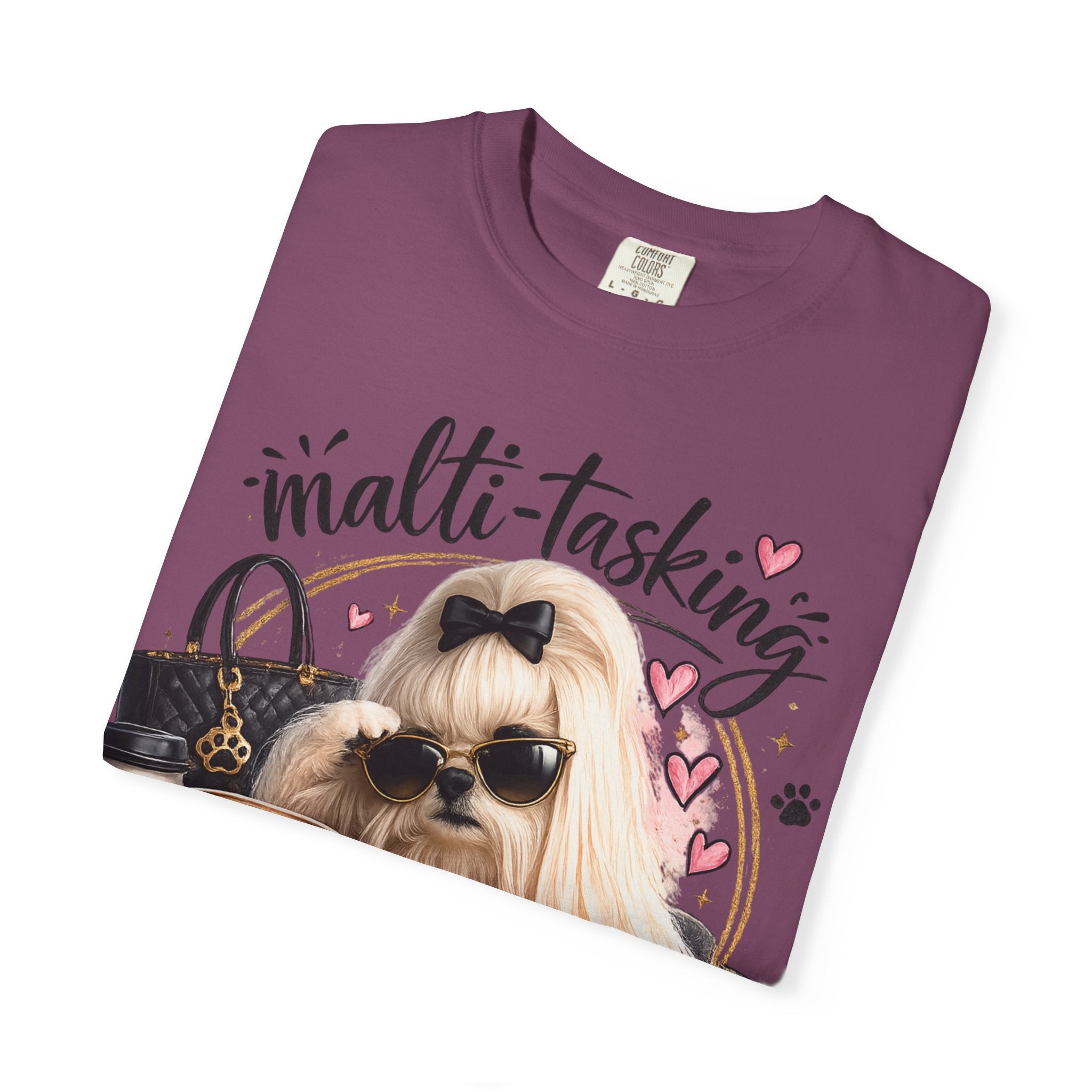 Multi-Tasking Mom T-Shirt – Cute Maltese Dog with Coffee & Handbag Graphic
