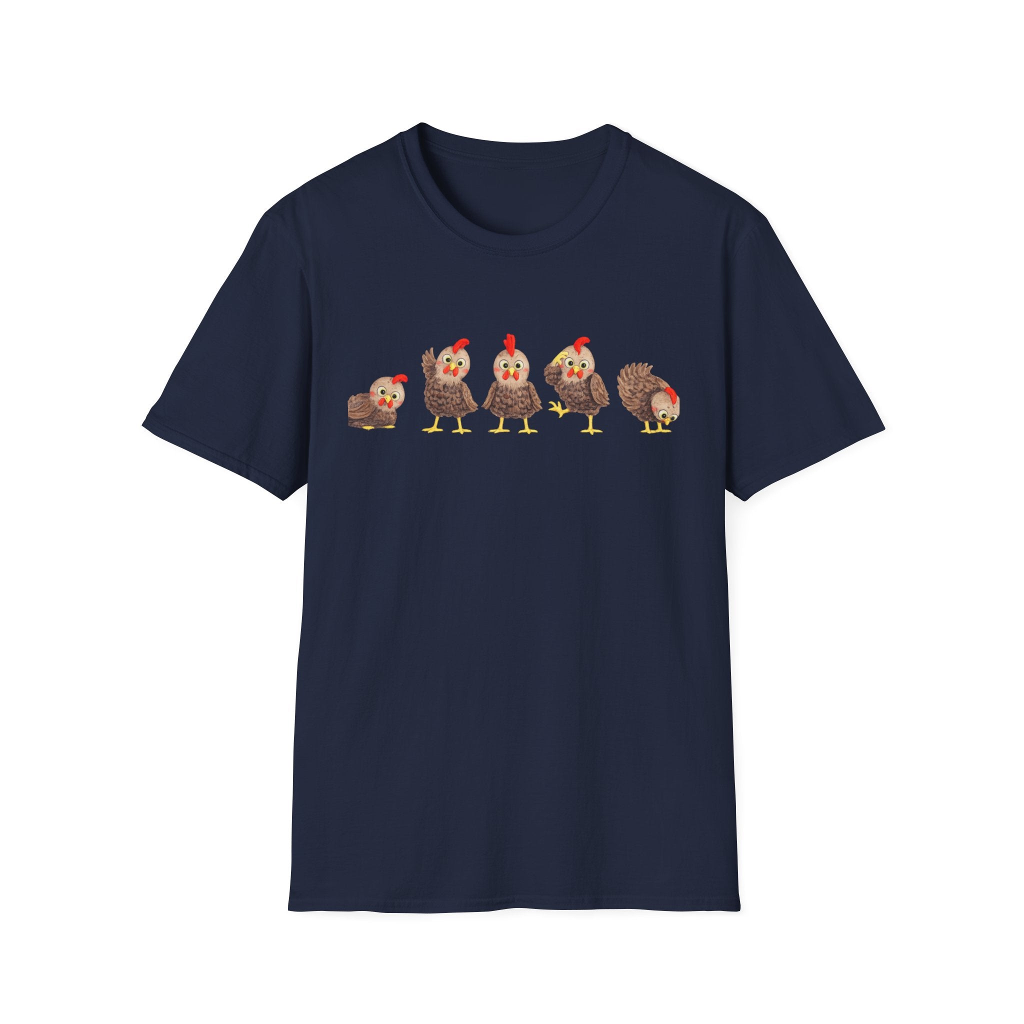 Cute Chickens T-Shirt — Row of Cartoon Hens Farm Animal Tee