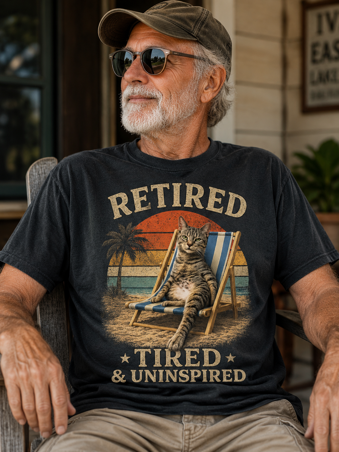 Retired, Tired & Uninspired Cat T-Shirt — Vintage Sunset Palm Beach Retirement Tee