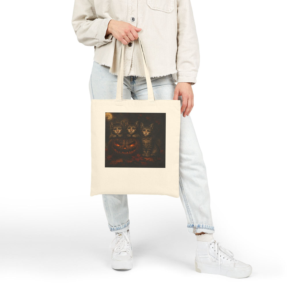 Halloween Cat Trio Canvas Tote Bag — Spooky Pumpkin & Kittens Reusable Shopper