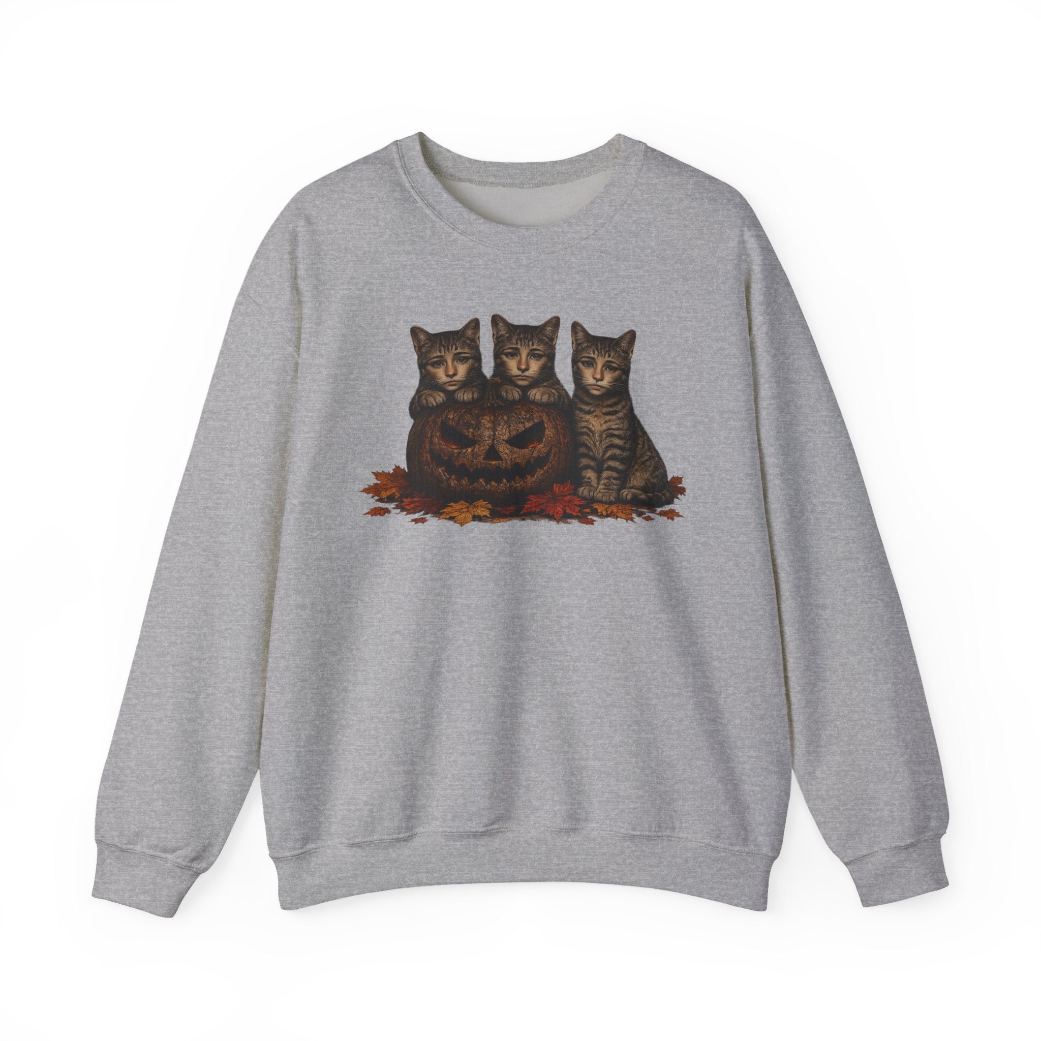 Halloween Cat Trio Crewneck Sweatshirt — Vintage Pumpkin Cats Fall Graphic