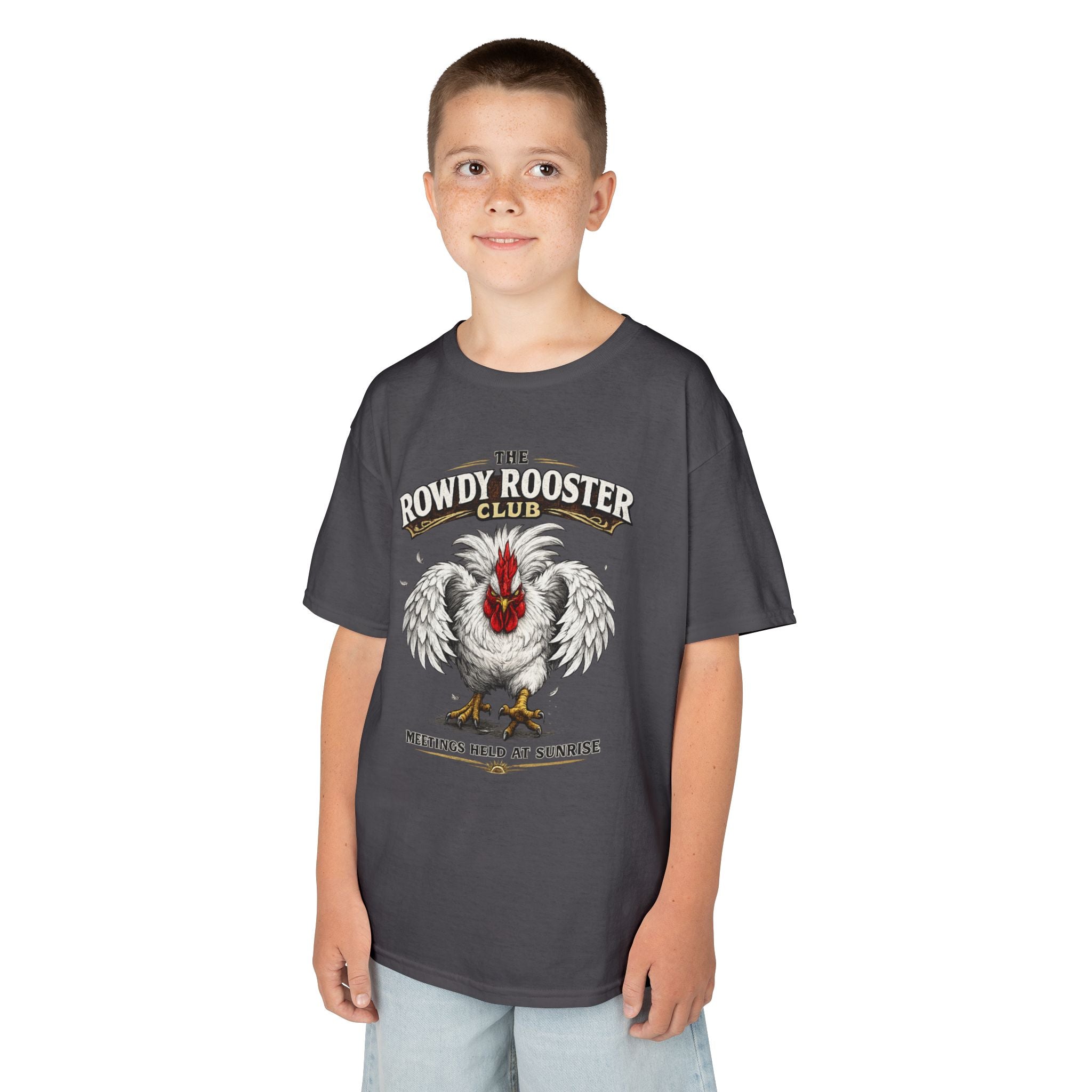 Kids Tee — "The Rowdy Rooster Club: Meetings Held at Sunrise" Graphic Shirt