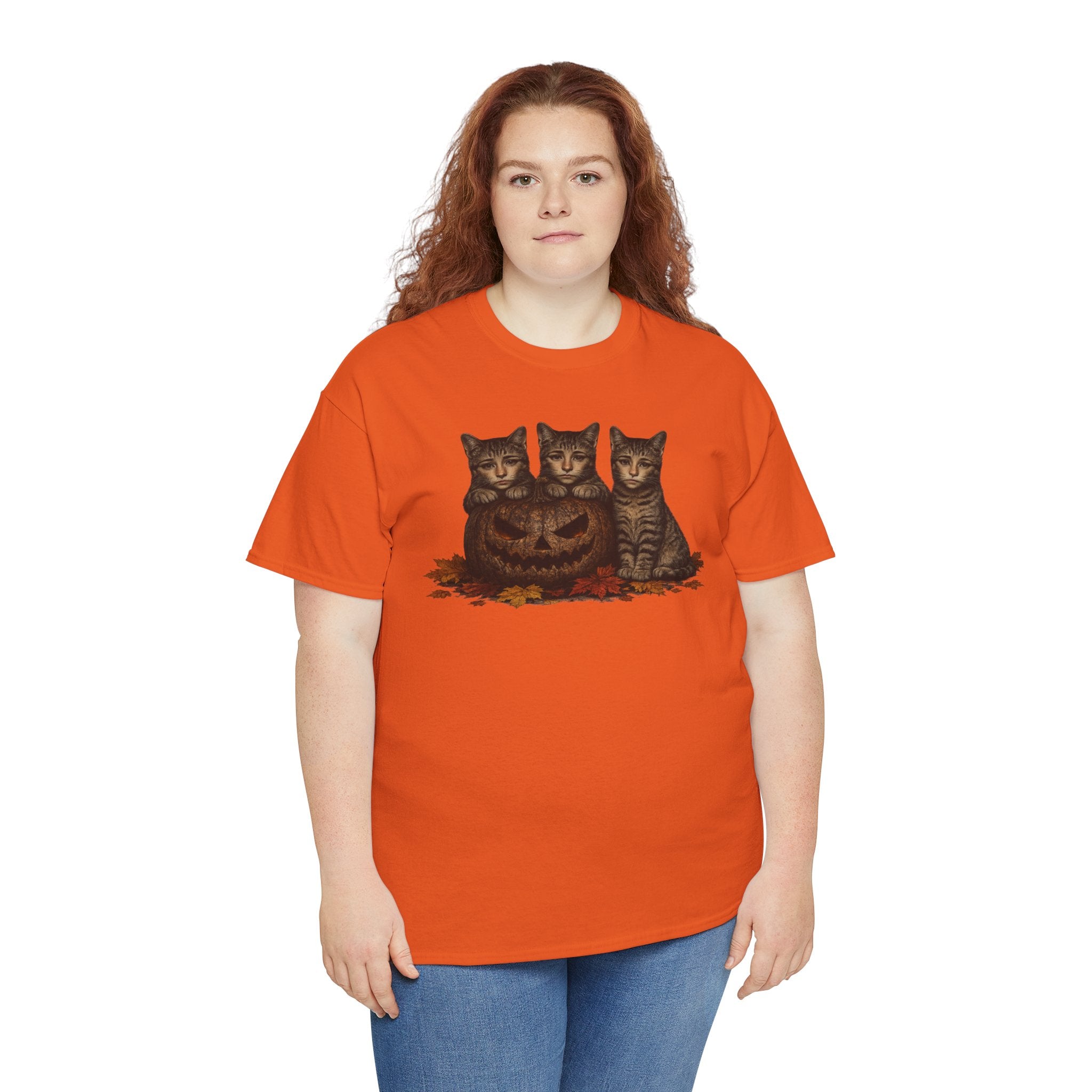 Halloween Cats T-Shirt — Trio of Kittens with Jack-O'-Lantern Fall Tee
