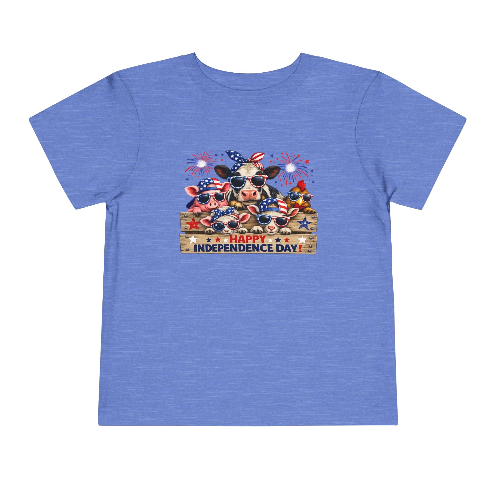 Happy Independence Day Toddler Tee — Patriotic Farm Animals  & Fireworks 4th of July Shirt