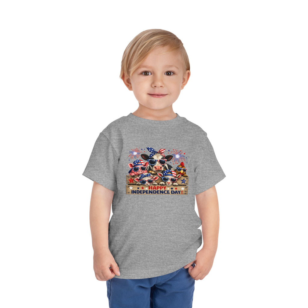 Happy Independence Day Toddler Tee — Patriotic Farm Animals  & Fireworks 4th of July Shirt
