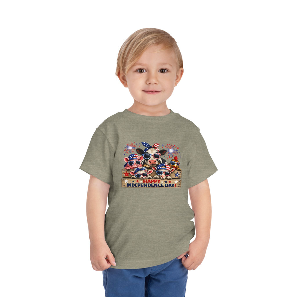 Happy Independence Day Toddler Tee — Patriotic Farm Animals  & Fireworks 4th of July Shirt
