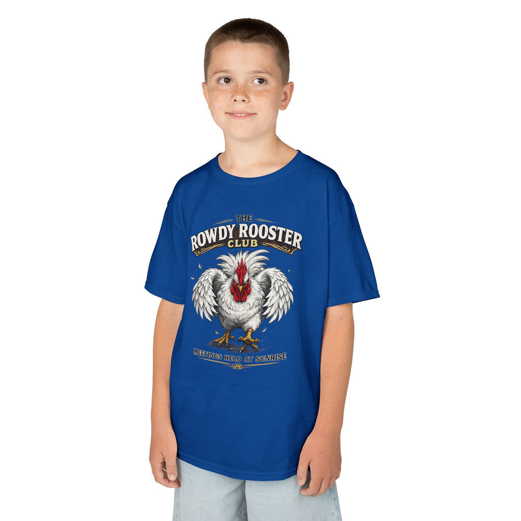Kids Tee — "The Rowdy Rooster Club: Meetings Held at Sunrise" Graphic Shirt