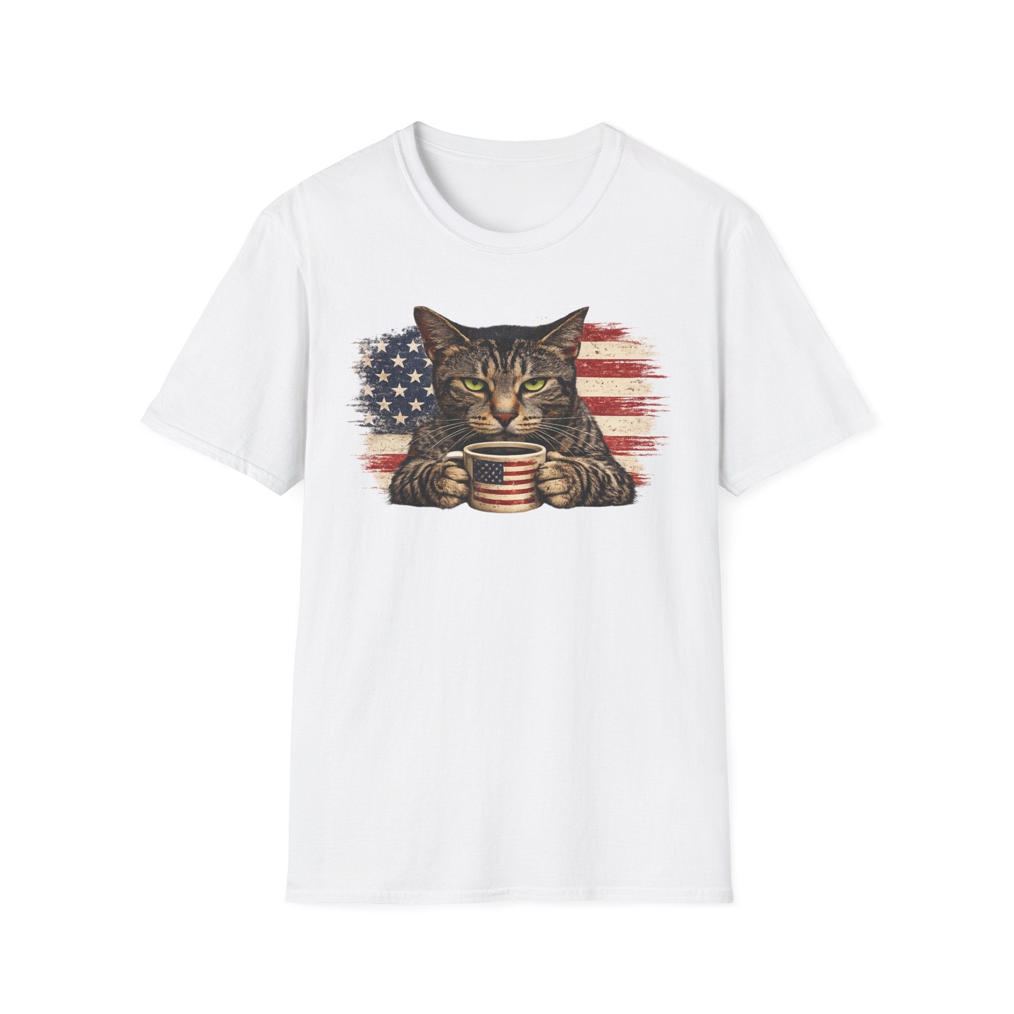Patriotic Cat T-Shirt — American Flag Kitty with Coffee Mug