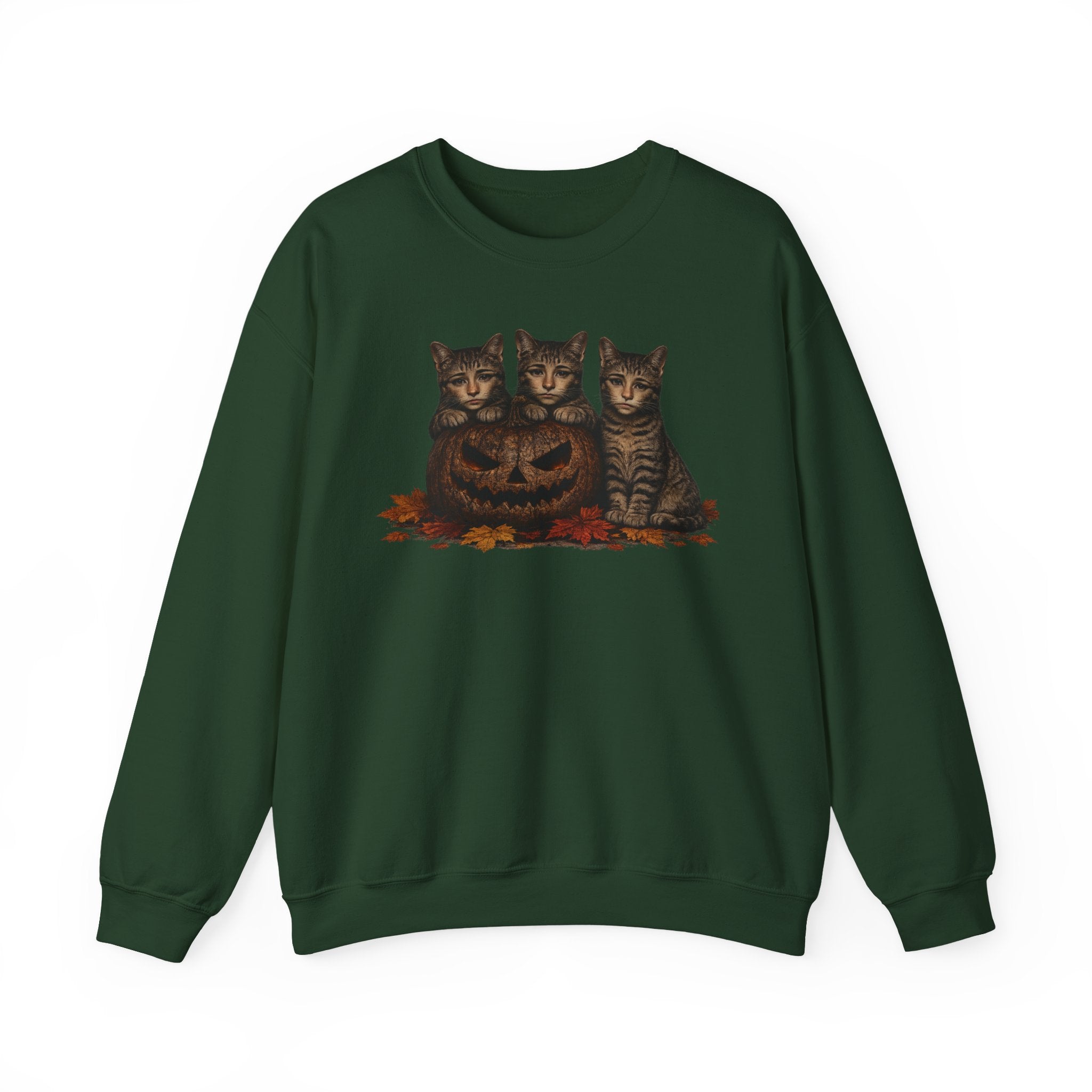 Halloween Cat Trio Crewneck Sweatshirt — Vintage Pumpkin Cats Fall Graphic