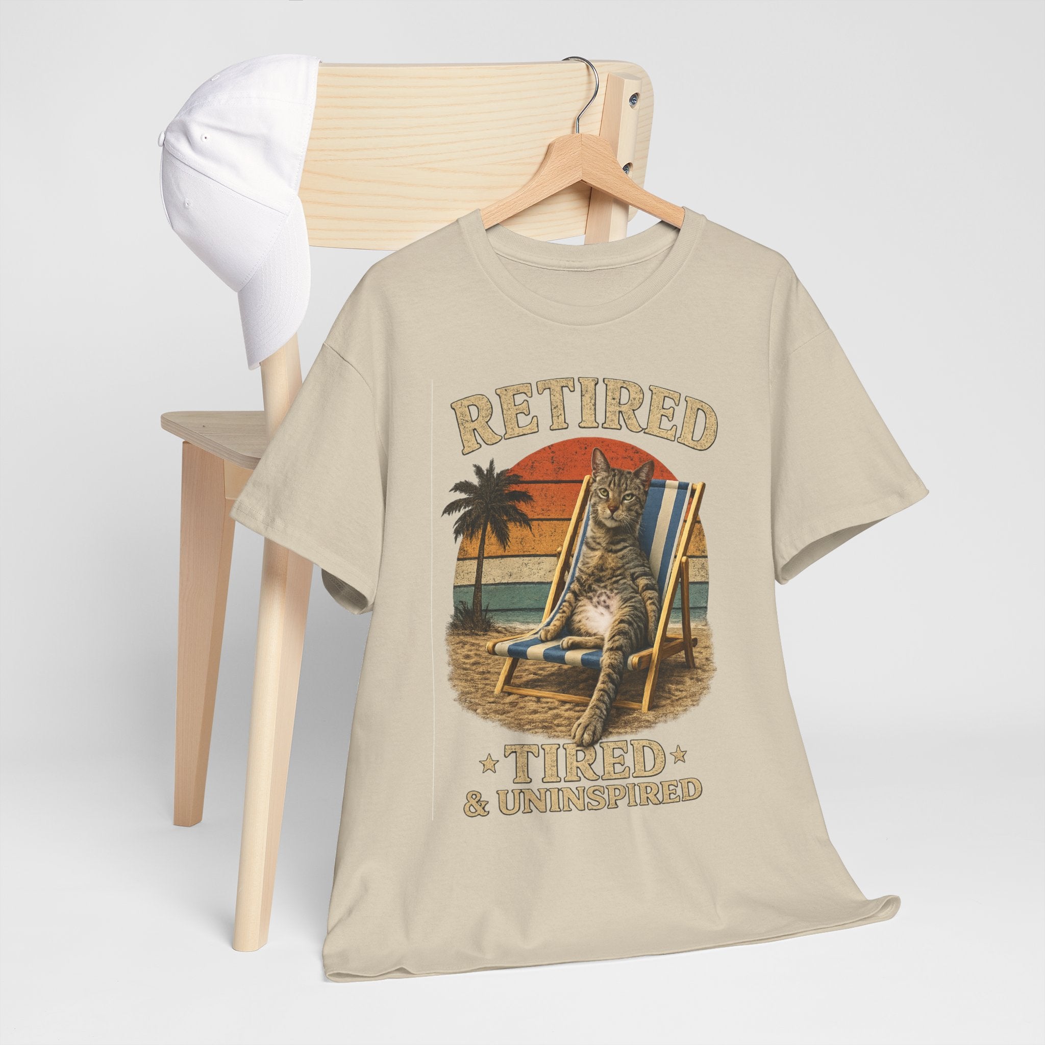 Retired, Tired & Uninspired Cat Tee — Funny Retirement Shirt