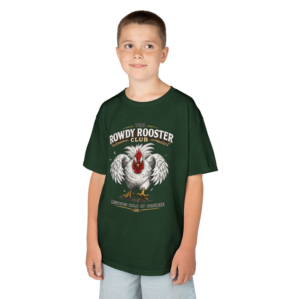 Kids Tee — "The Rowdy Rooster Club: Meetings Held at Sunrise" Graphic Shirt