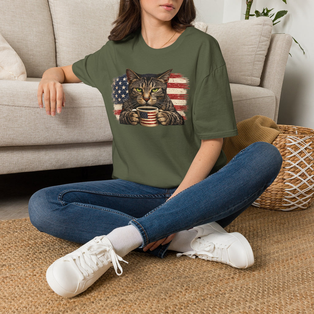 Patriotic Cat T-Shirt — American Flag Kitty with Coffee Mug