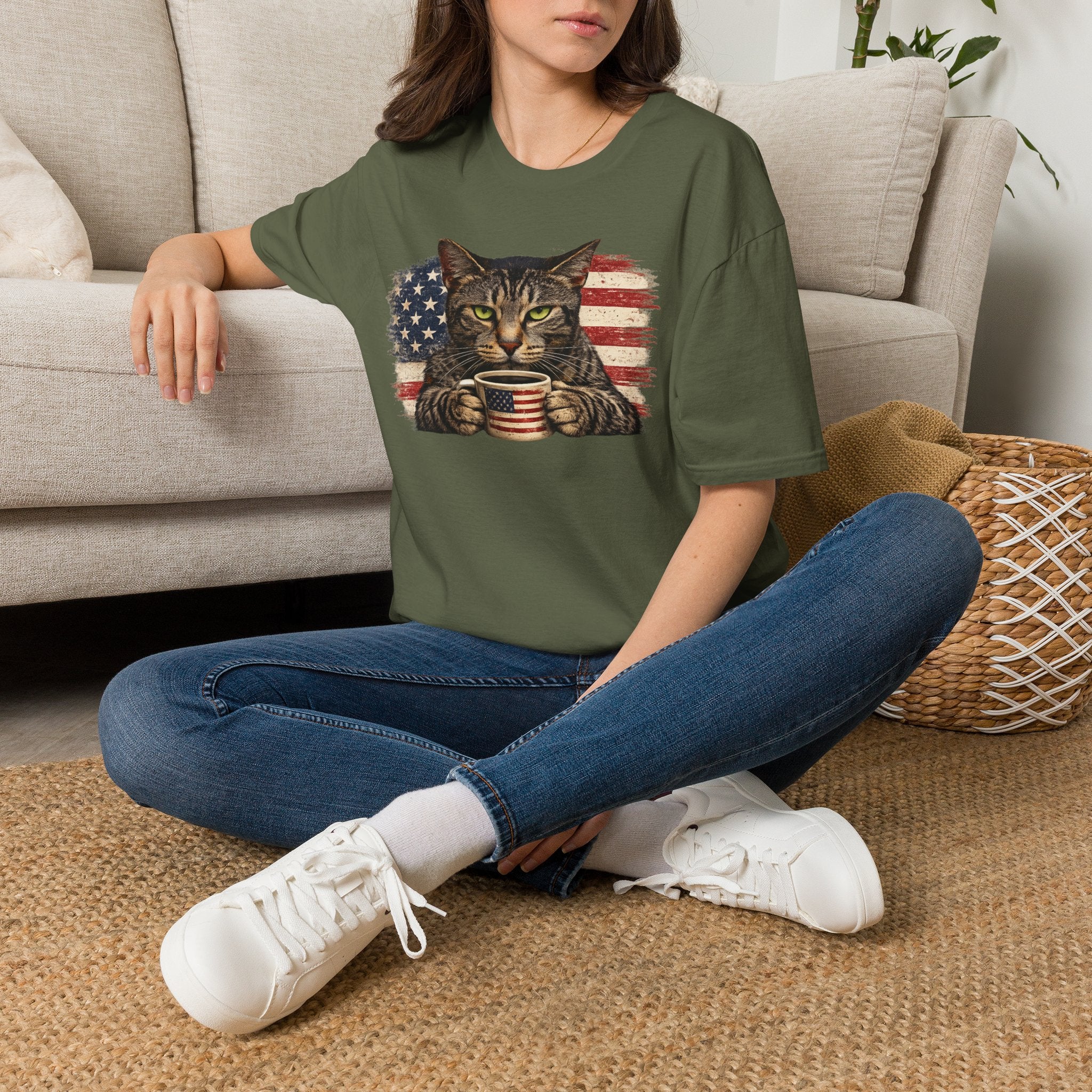 Patriotic Cat T-Shirt — American Flag Kitty with Coffee Mug
