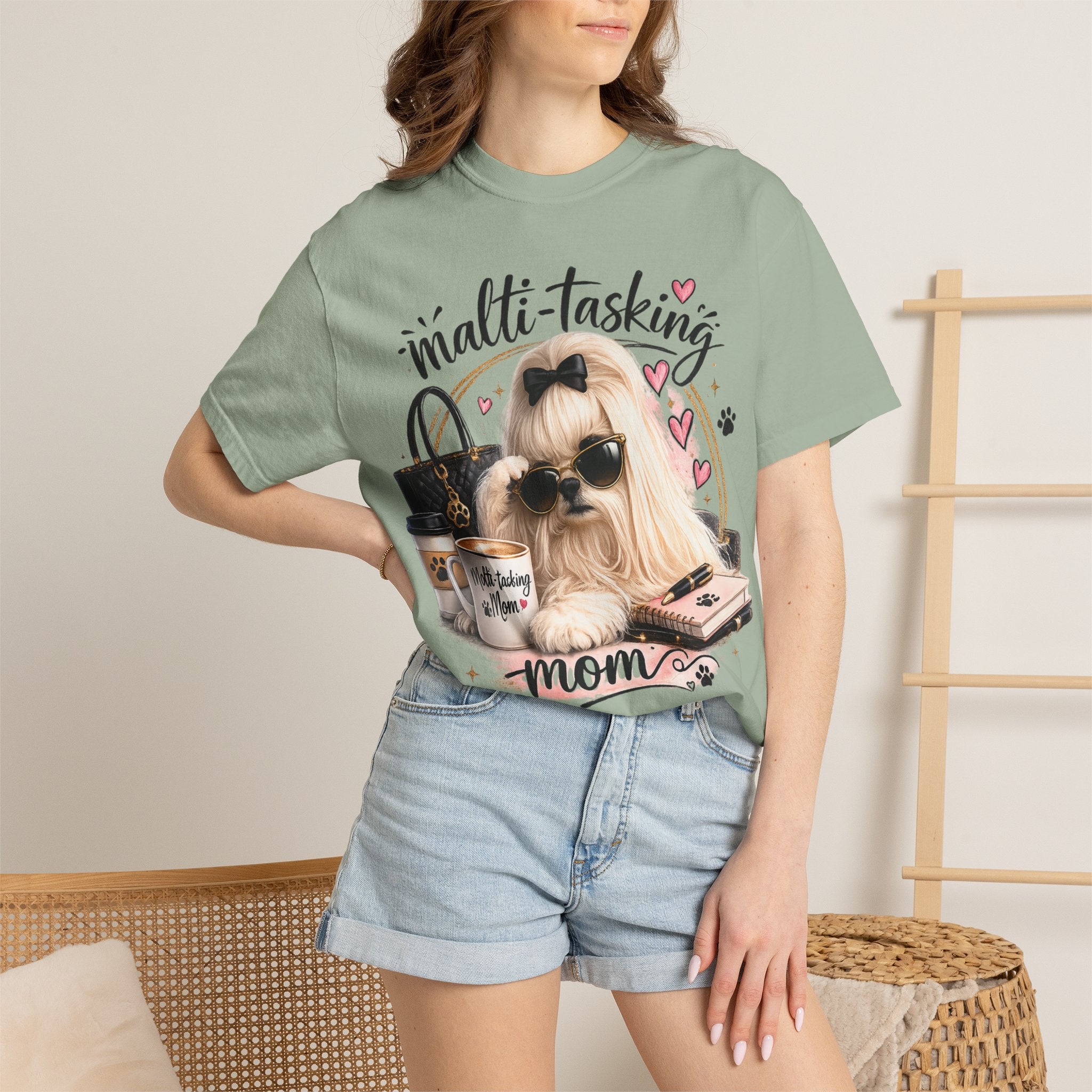 Multi-Tasking Mom T-Shirt – Cute Maltese Dog with Coffee & Handbag Graphic