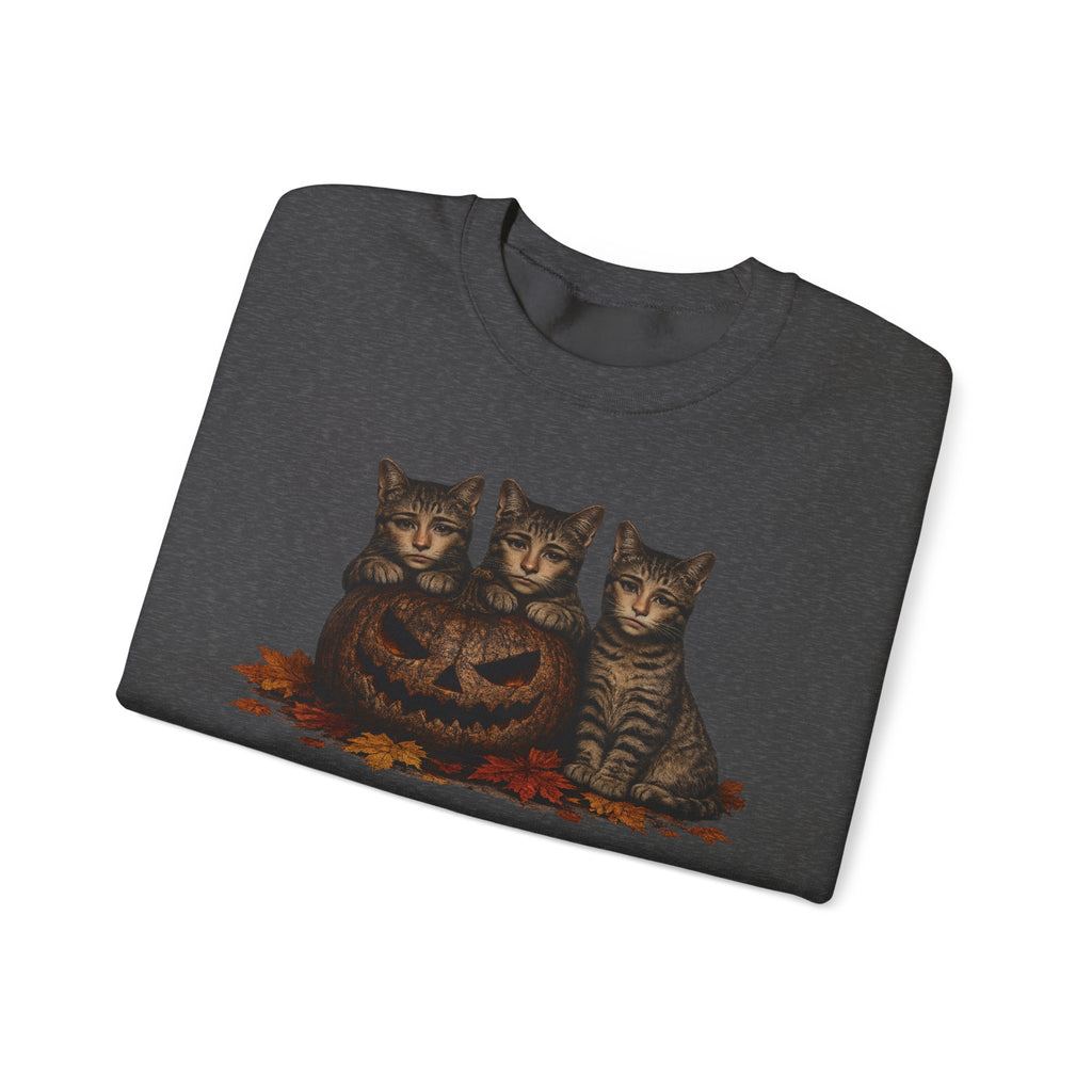 Halloween Cat Trio Crewneck Sweatshirt — Vintage Pumpkin Cats Fall Graphic