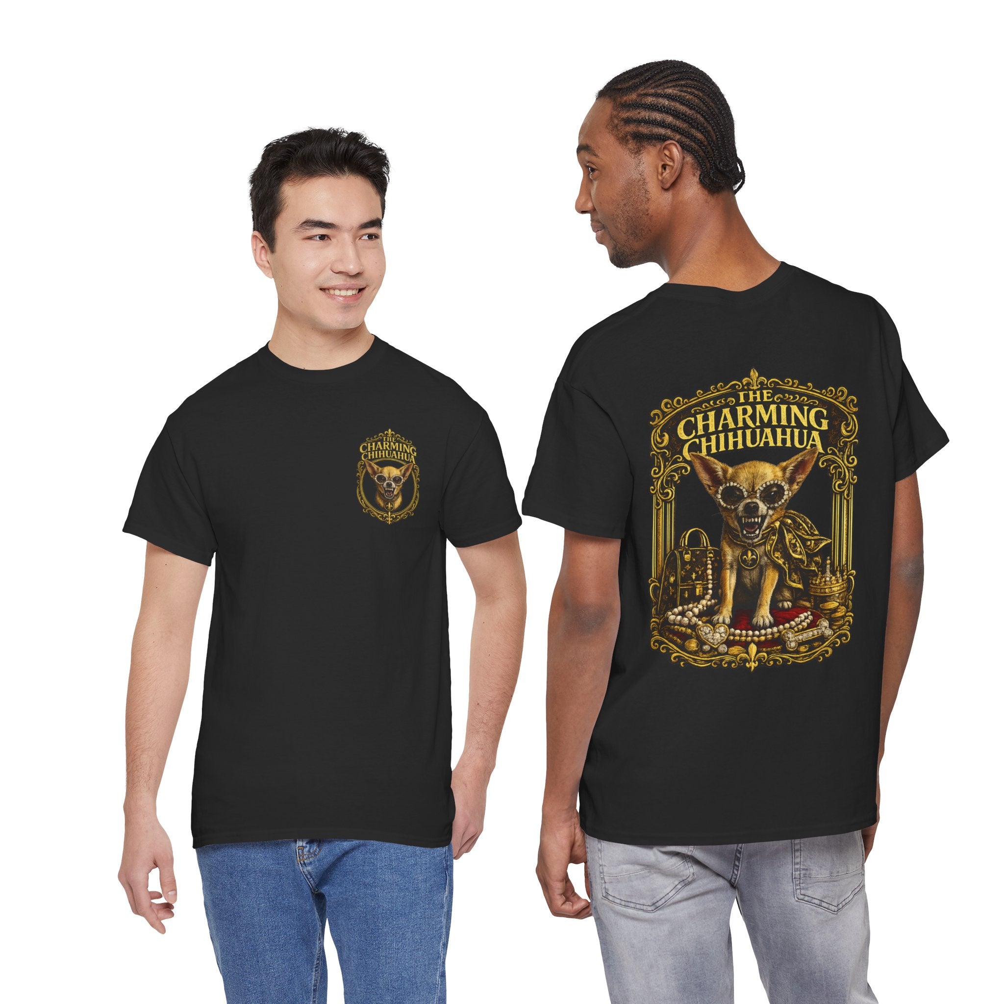 Chihuahua Crest Tee with back print — Vintage Chihuahua "THE CHARMNG CHIHUAHUA"