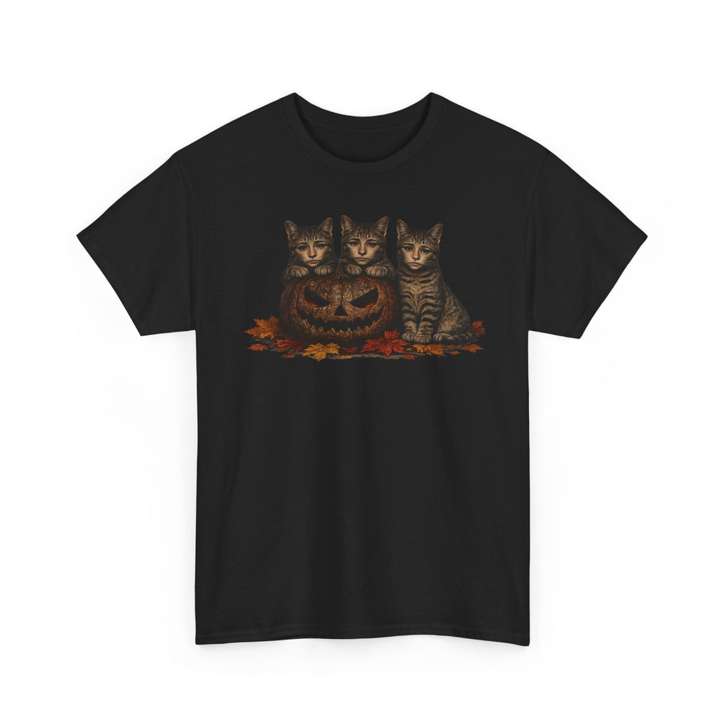 Halloween Cats T-Shirt — Trio of Kittens with Jack-O'-Lantern Fall Tee