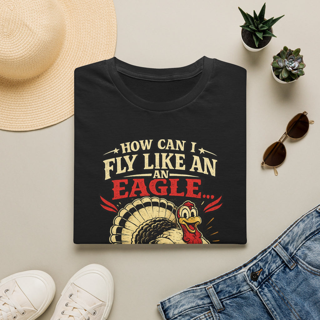 How Can I Fly Like an Eagle Turkey T-Shirt — Funny Thanksgiving Graphic Tee