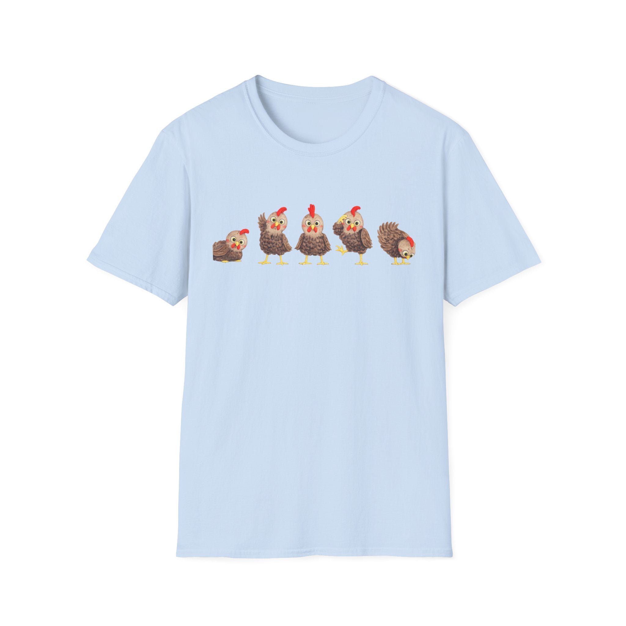 Cute Chickens T-Shirt — Row of Cartoon Hens Farm Animal Tee