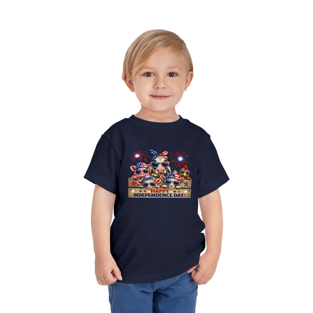 Happy Independence Day Toddler Tee — Patriotic Farm Animals  & Fireworks 4th of July Shirt