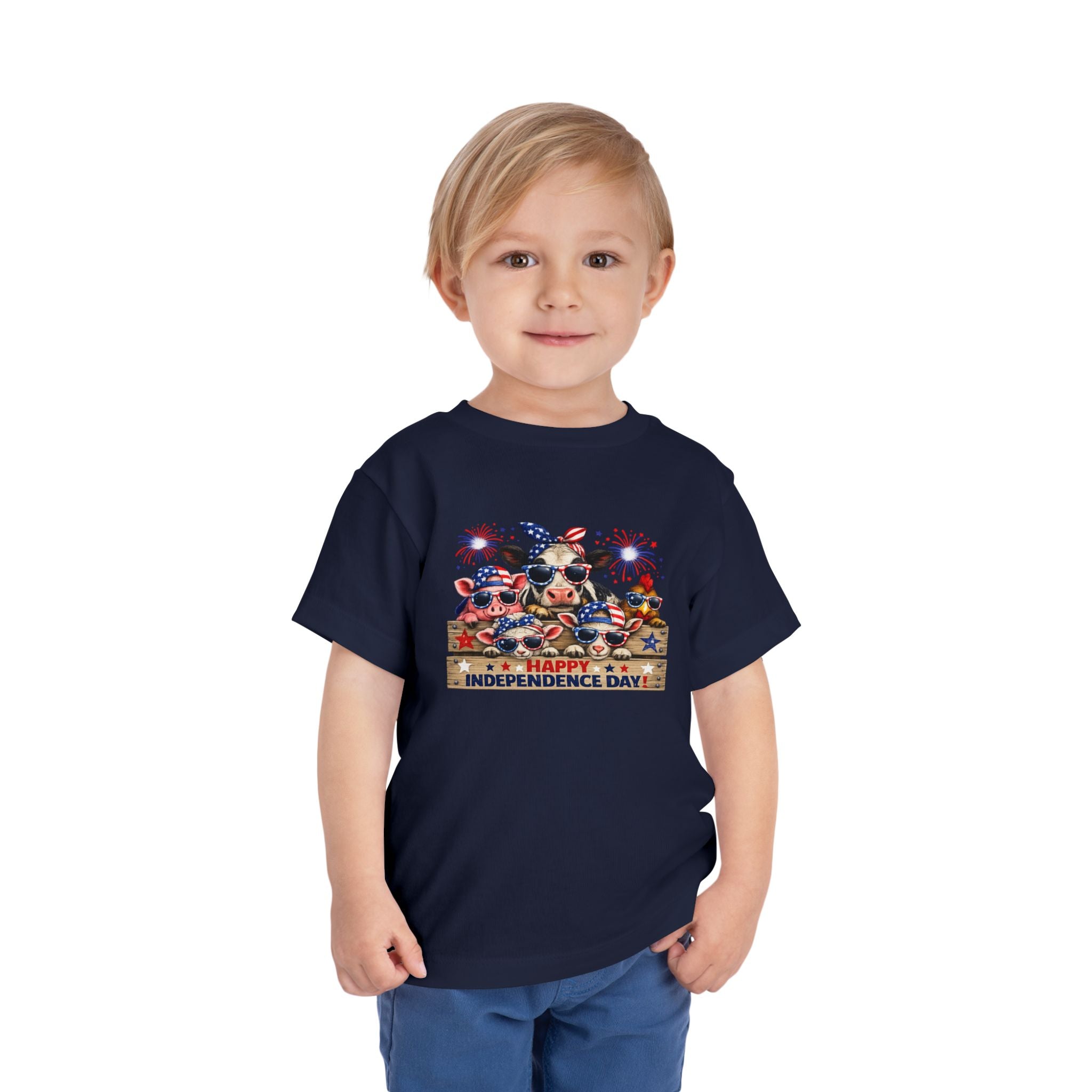 Happy Independence Day Toddler Tee — Patriotic Farm Animals  & Fireworks 4th of July Shirt