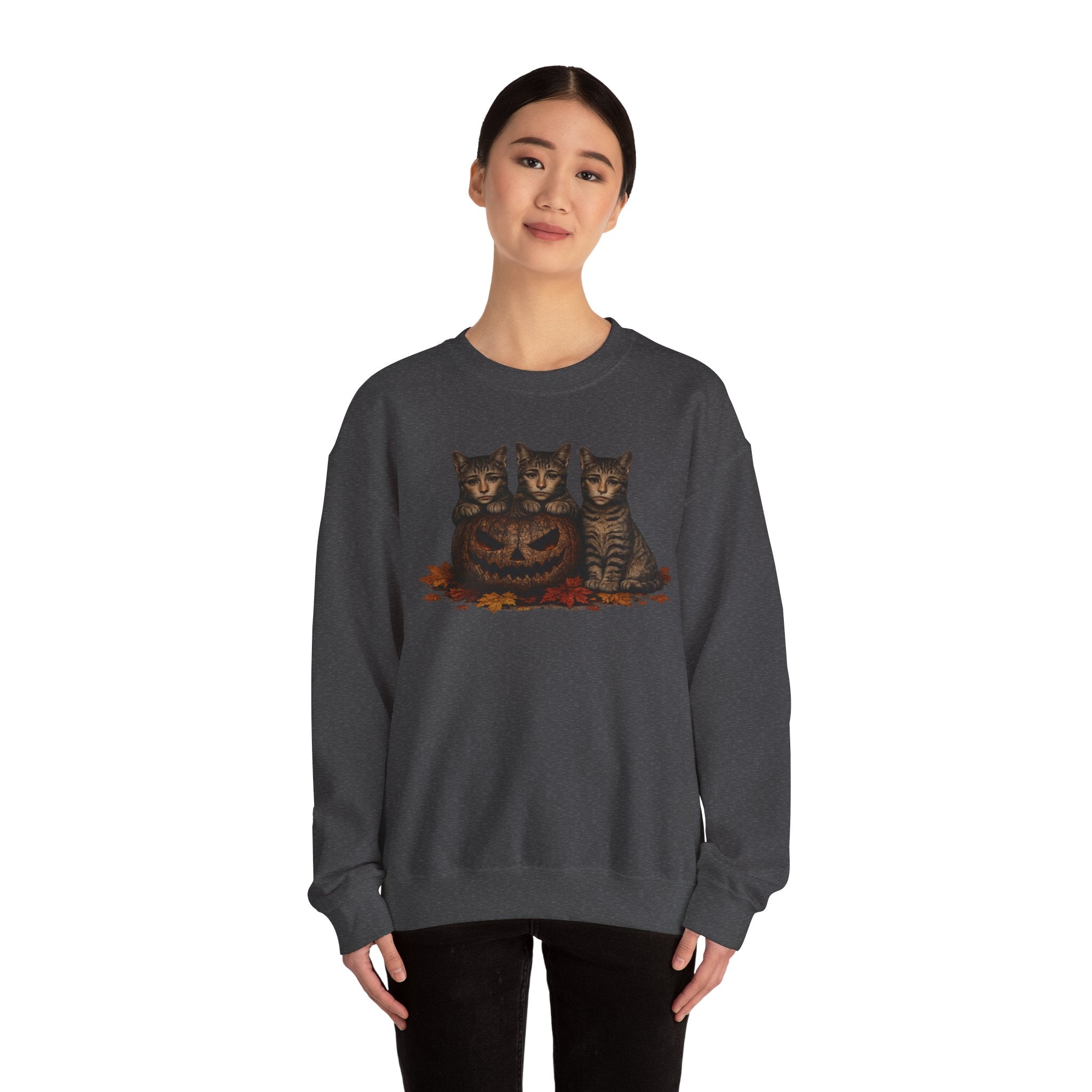 Halloween Cat Trio Crewneck Sweatshirt — Vintage Pumpkin Cats Fall Graphic