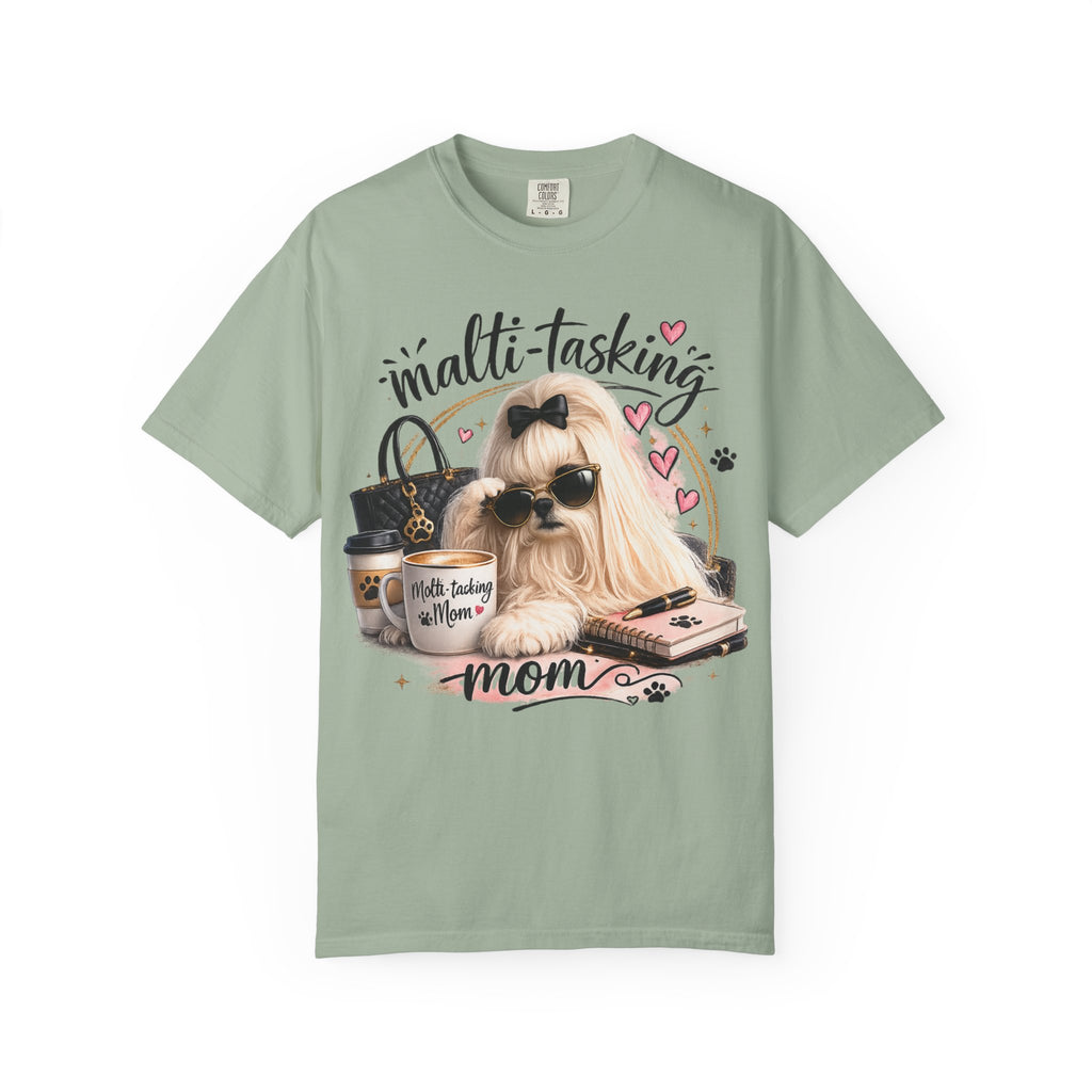 Multi-Tasking Mom T-Shirt – Cute Maltese Dog with Coffee & Handbag Graphic