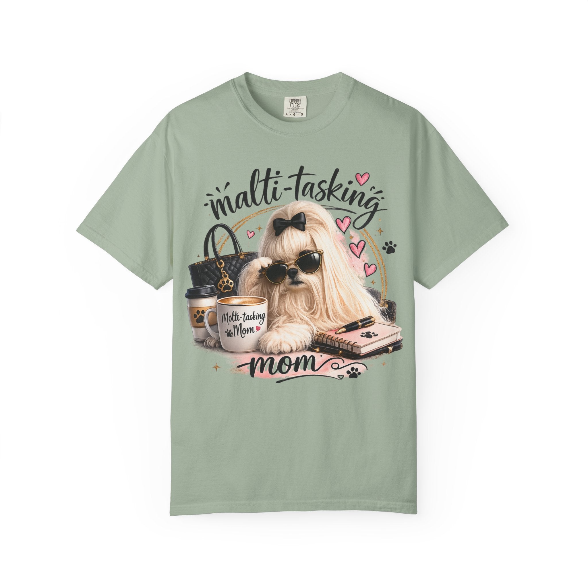 Multi-Tasking Mom T-Shirt – Cute Maltese Dog with Coffee & Handbag Graphic