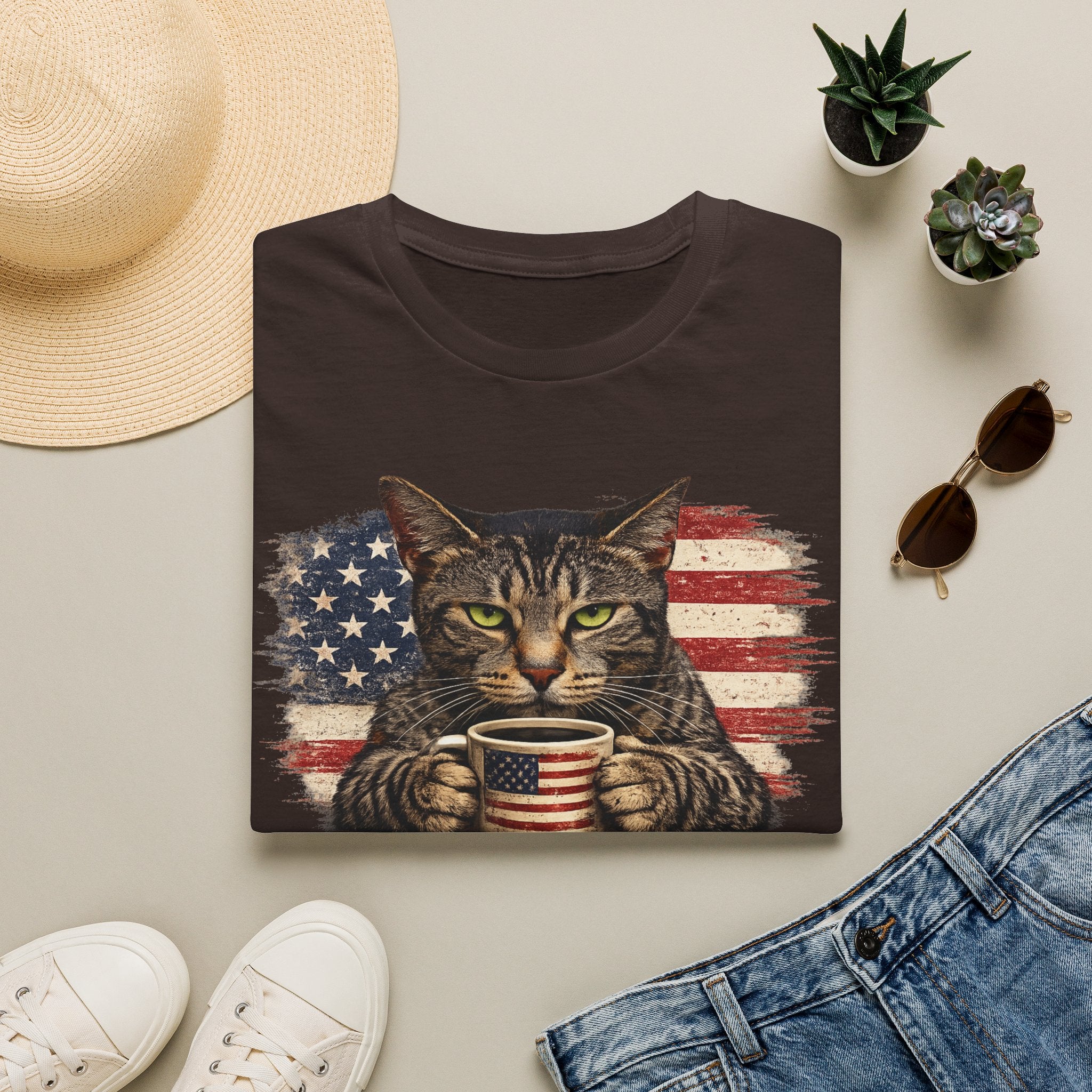 Patriotic Cat T-Shirt — American Flag Kitty with Coffee Mug