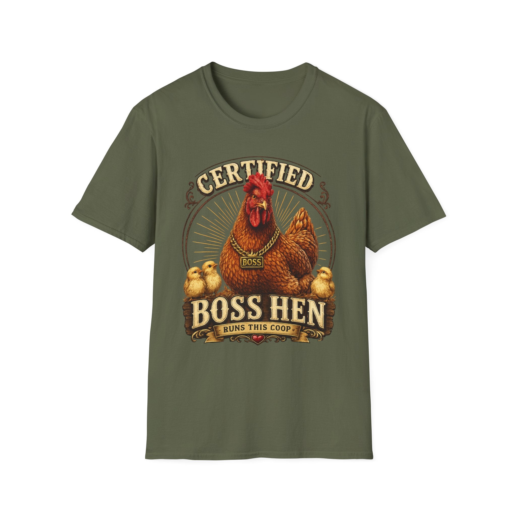 Boss Hen T-Shirt — "Certified Boss Hen Runs This Coop" Chicken Farm Tee