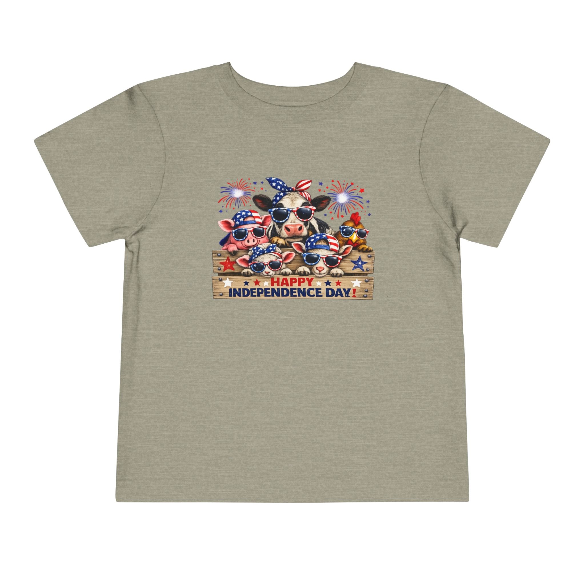 Happy Independence Day Toddler Tee — Patriotic Farm Animals  & Fireworks 4th of July Shirt