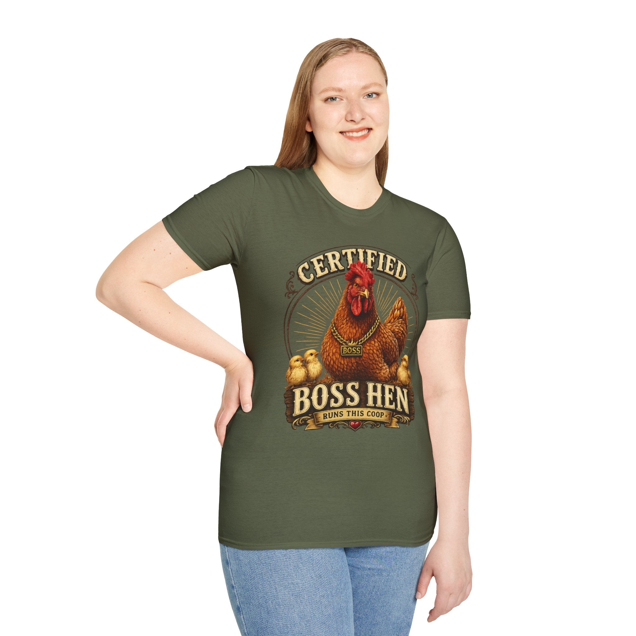 Boss Hen T-Shirt — "Certified Boss Hen Runs This Coop" Chicken Farm Tee