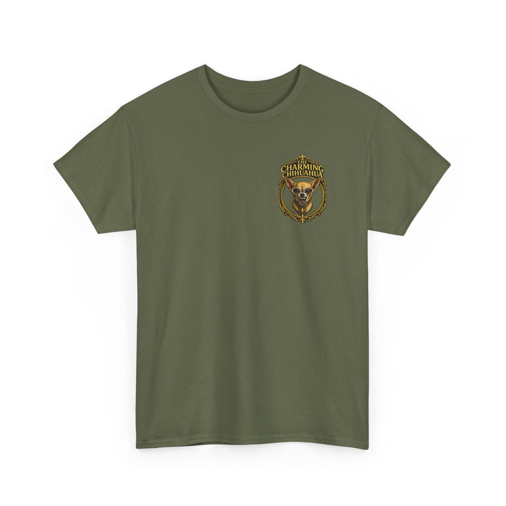 Chihuahua Crest Tee with back print — Vintage Chihuahua "THE CHARMNG CHIHUAHUA"
