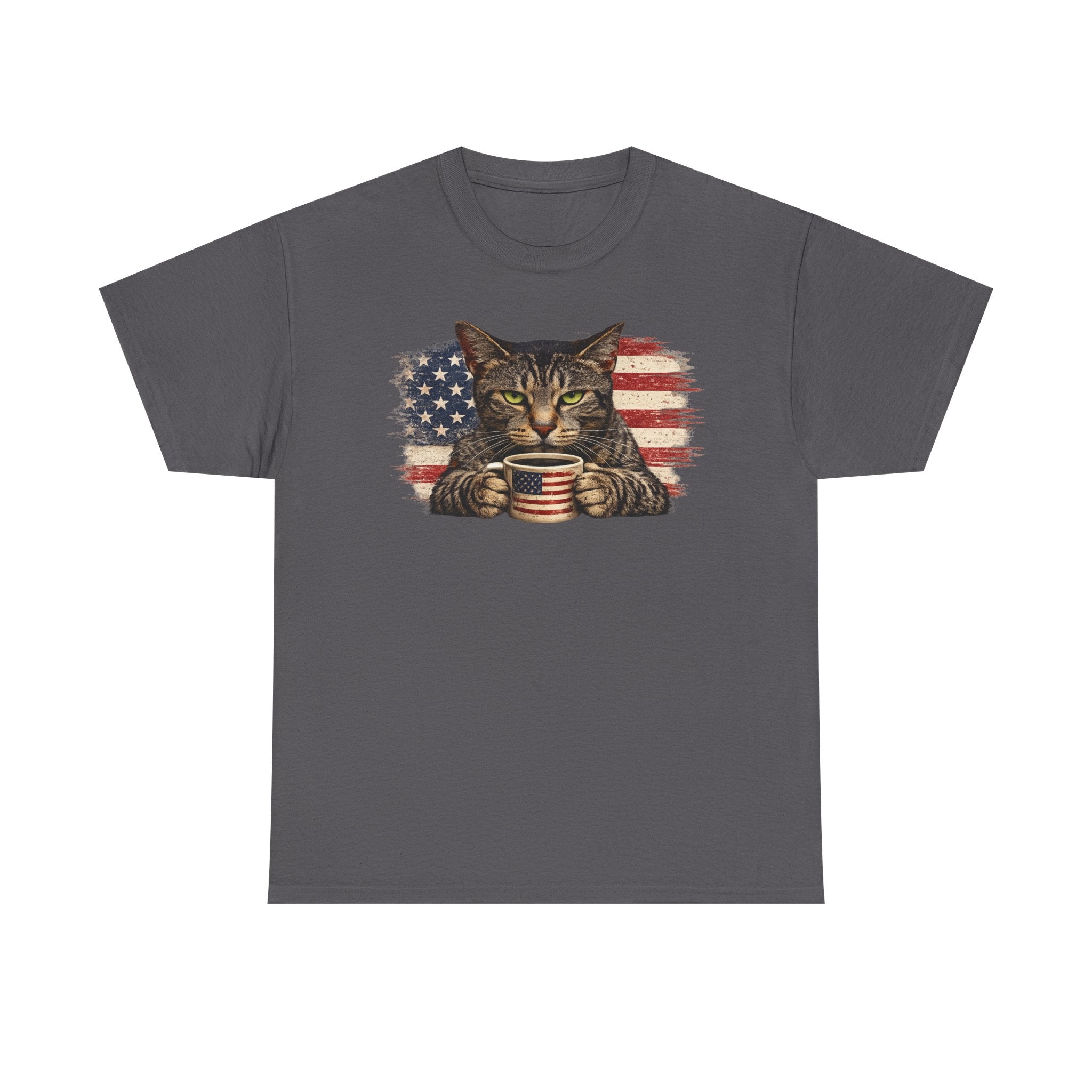 American Flag Cat T‑Shirt — Patriotic Kitten with Coffee Cup