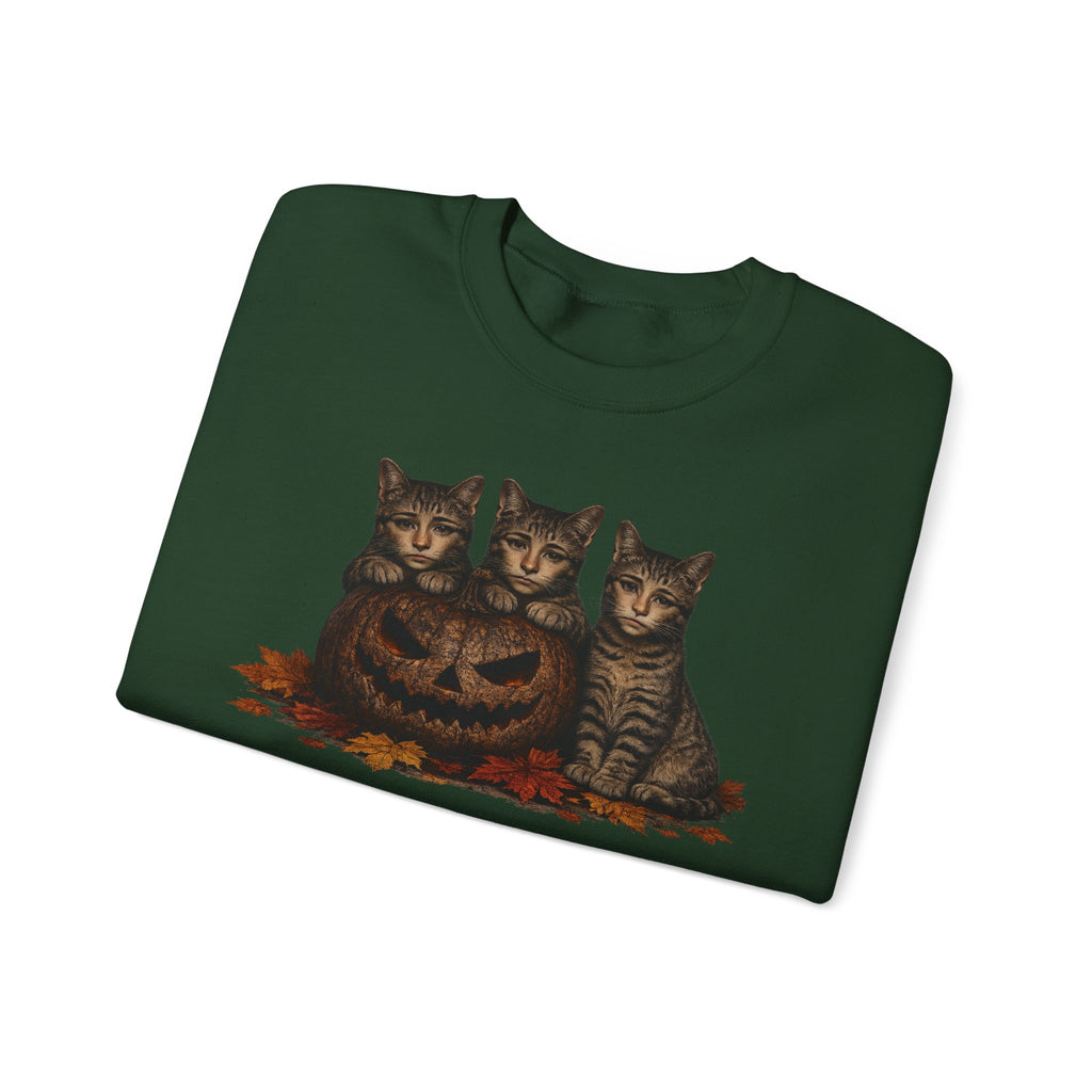 Halloween Cat Trio Crewneck Sweatshirt — Vintage Pumpkin Cats Fall Graphic