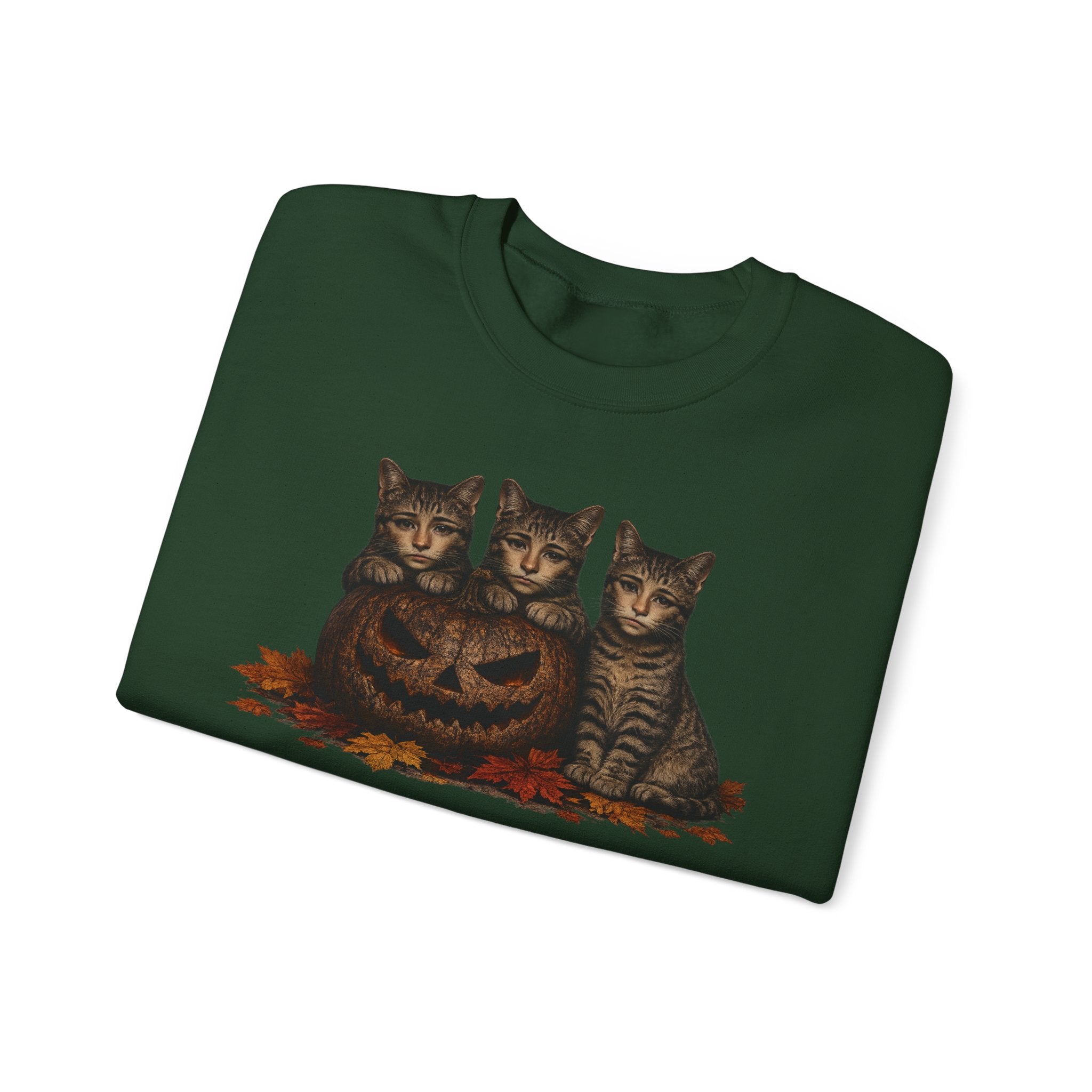 Halloween Cat Trio Crewneck Sweatshirt — Vintage Pumpkin Cats Fall Graphic