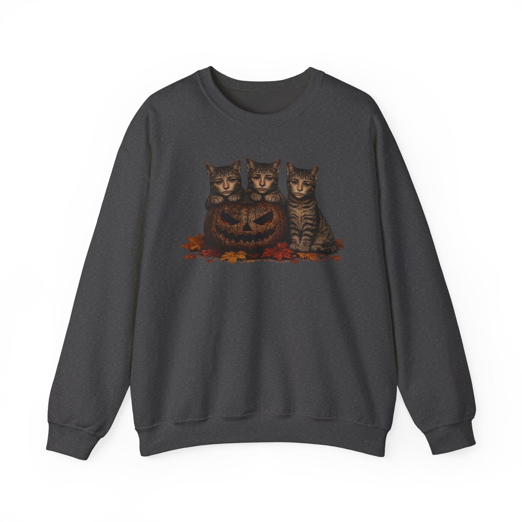 Halloween Cat Trio Crewneck Sweatshirt — Vintage Pumpkin Cats Fall Graphic