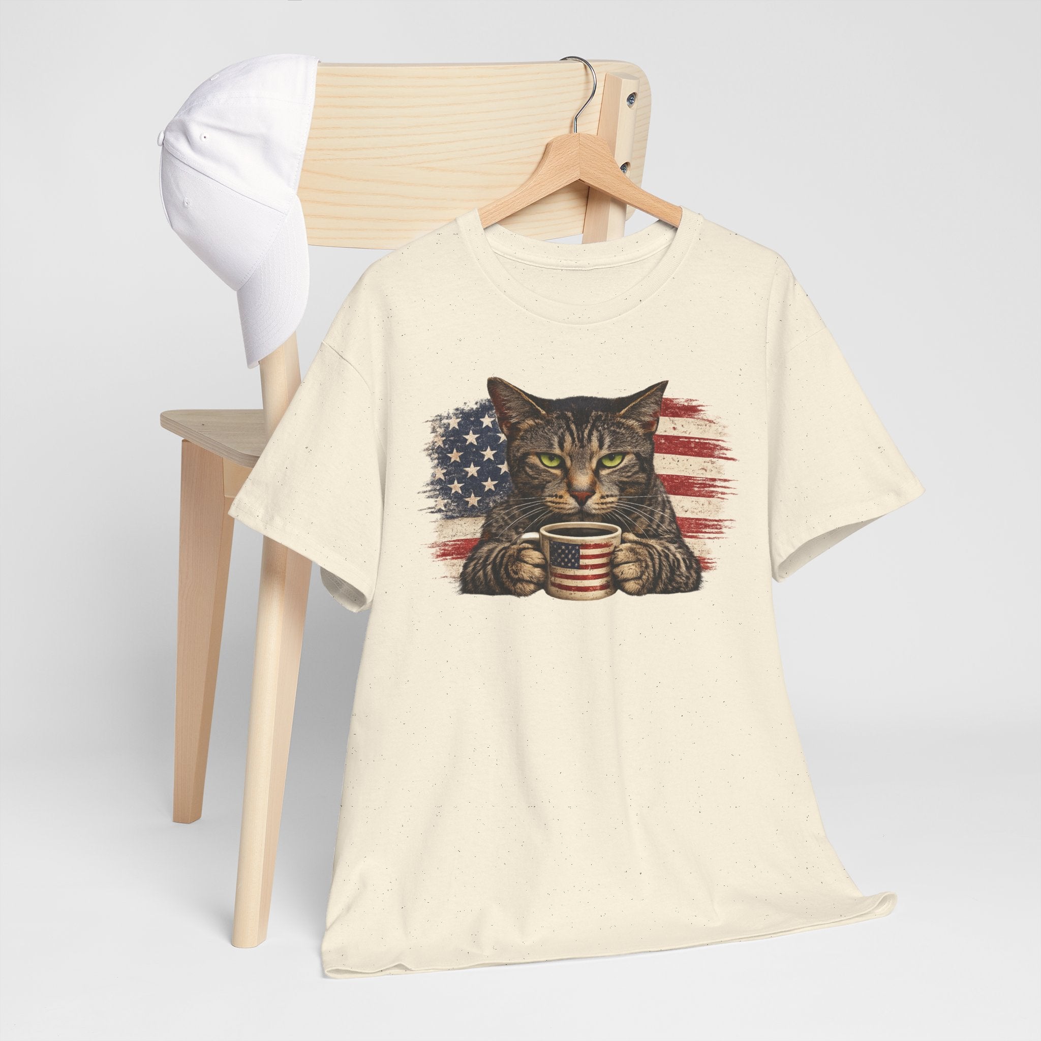 American Flag Cat T‑Shirt — Patriotic Kitten with Coffee Cup