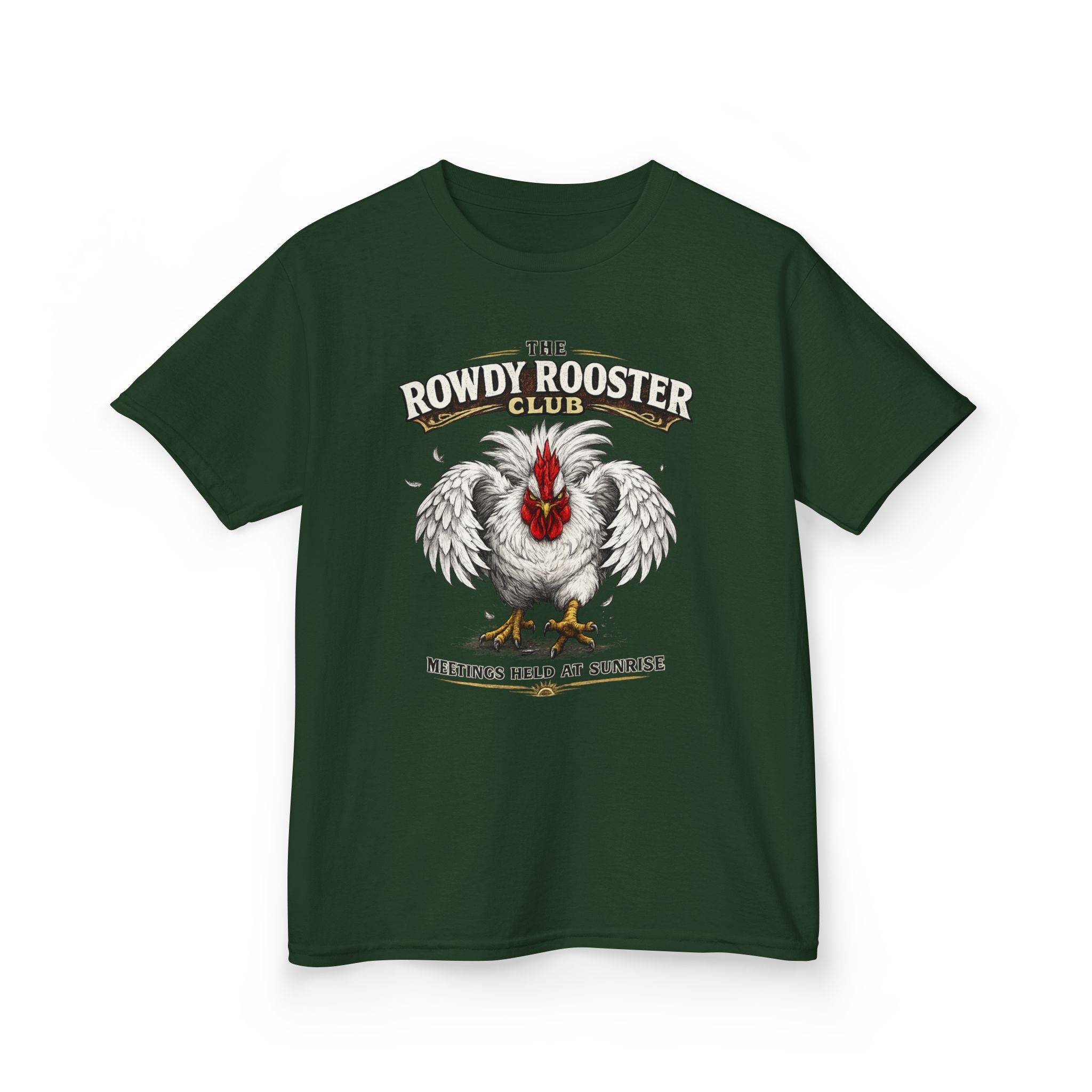 Kids Tee — "The Rowdy Rooster Club: Meetings Held at Sunrise" Graphic Shirt