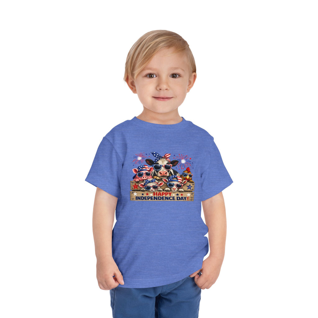 Happy Independence Day Toddler Tee — Patriotic Farm Animals  & Fireworks 4th of July Shirt