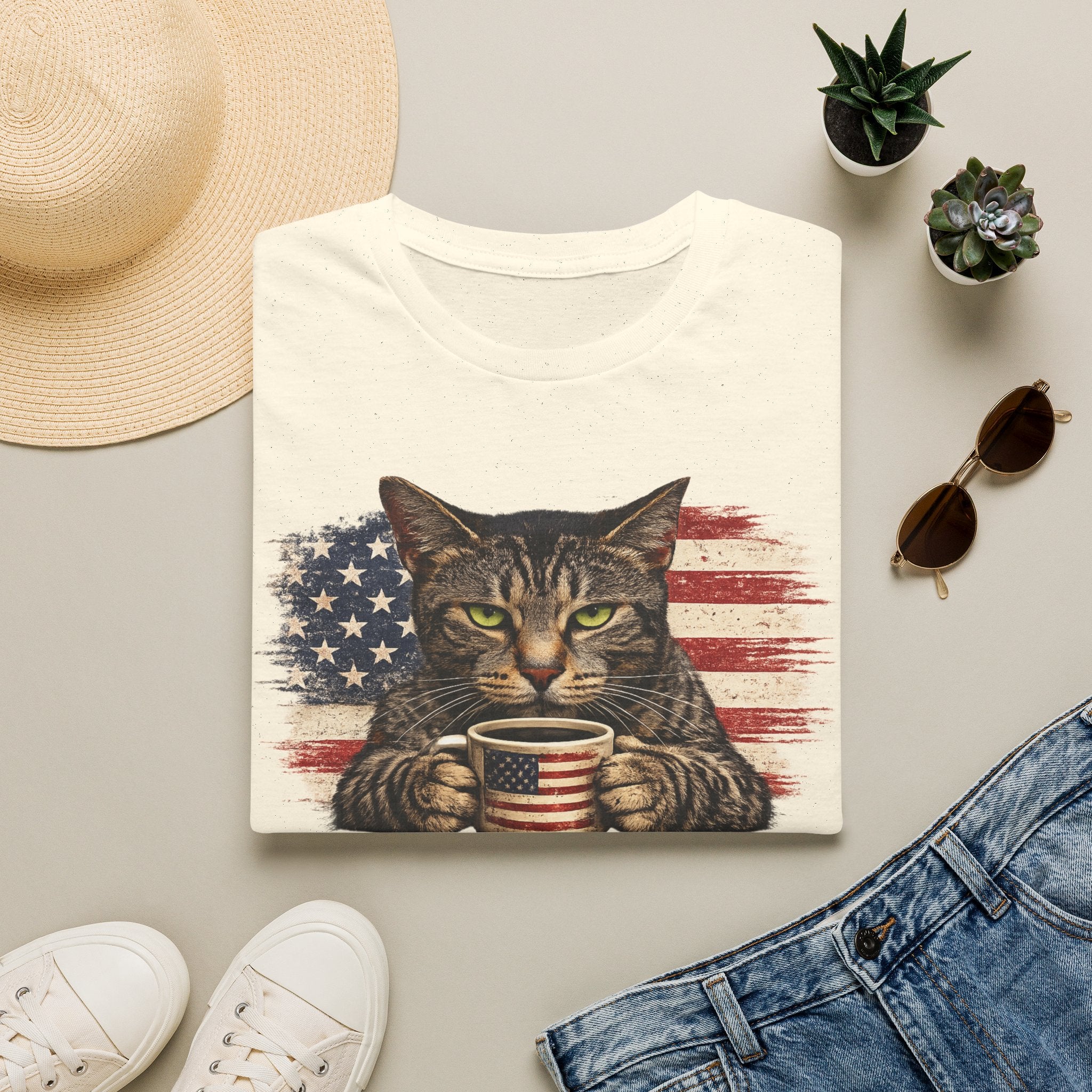 Patriotic Cat T-Shirt — American Flag Kitty with Coffee Mug