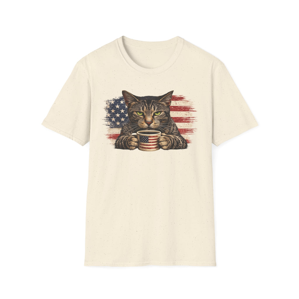 Patriotic Cat T-Shirt — American Flag Kitty with Coffee Mug
