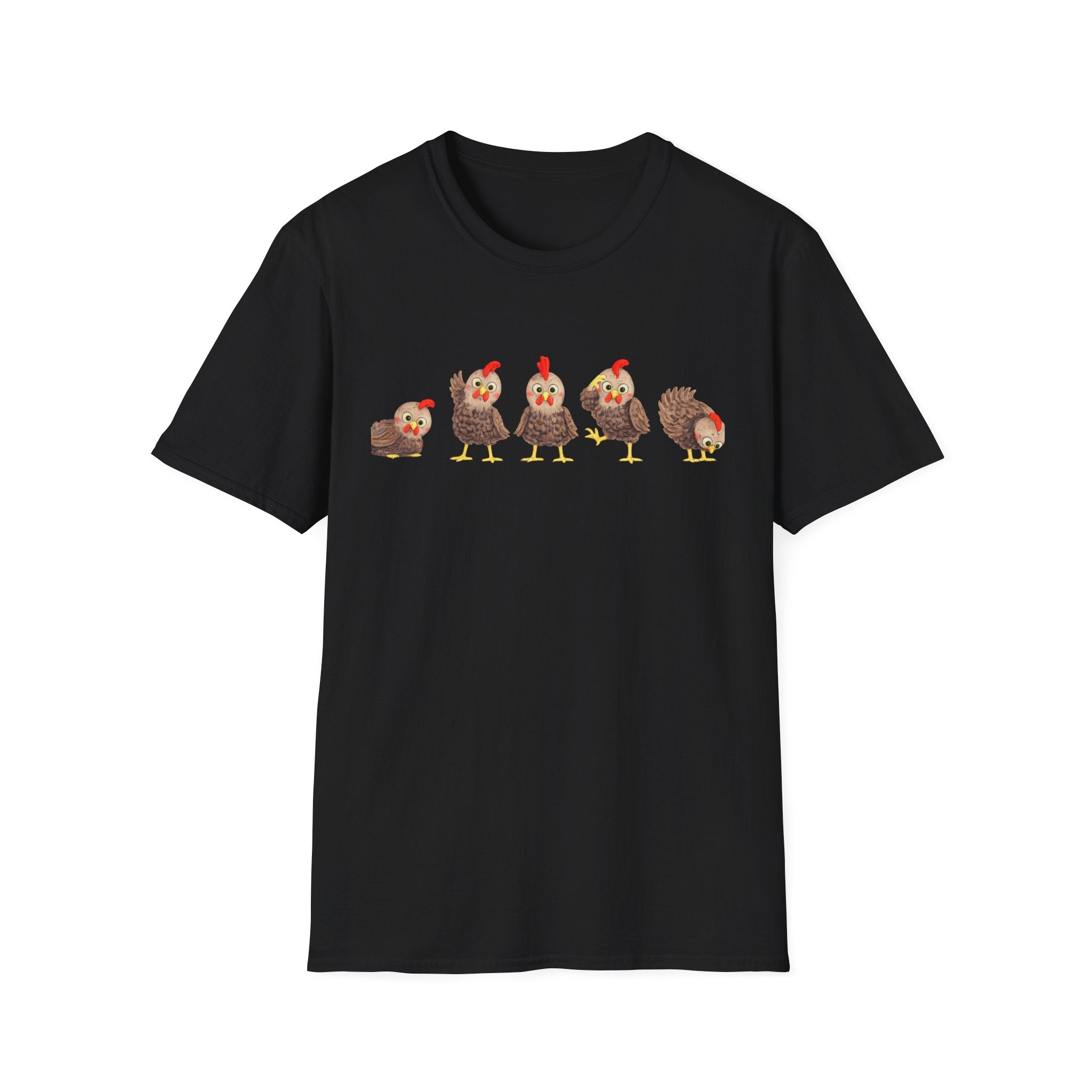 Cute Chickens T-Shirt — Row of Cartoon Hens Farm Animal Tee
