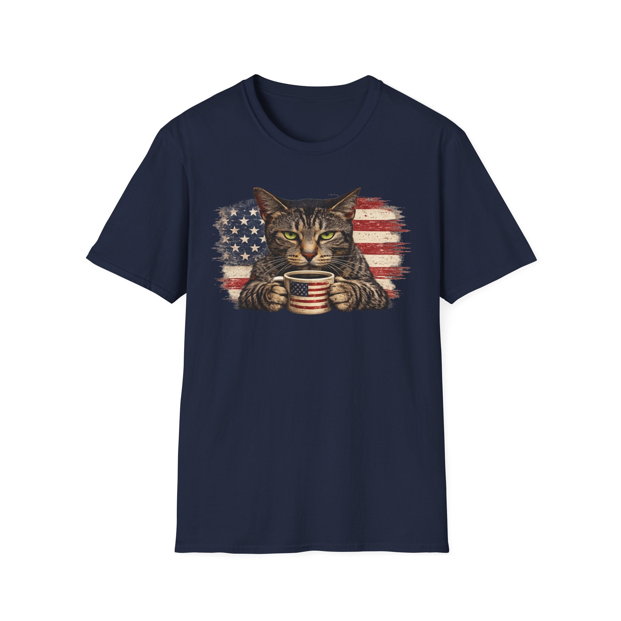 Patriotic Cat T-Shirt — American Flag Kitty with Coffee Mug