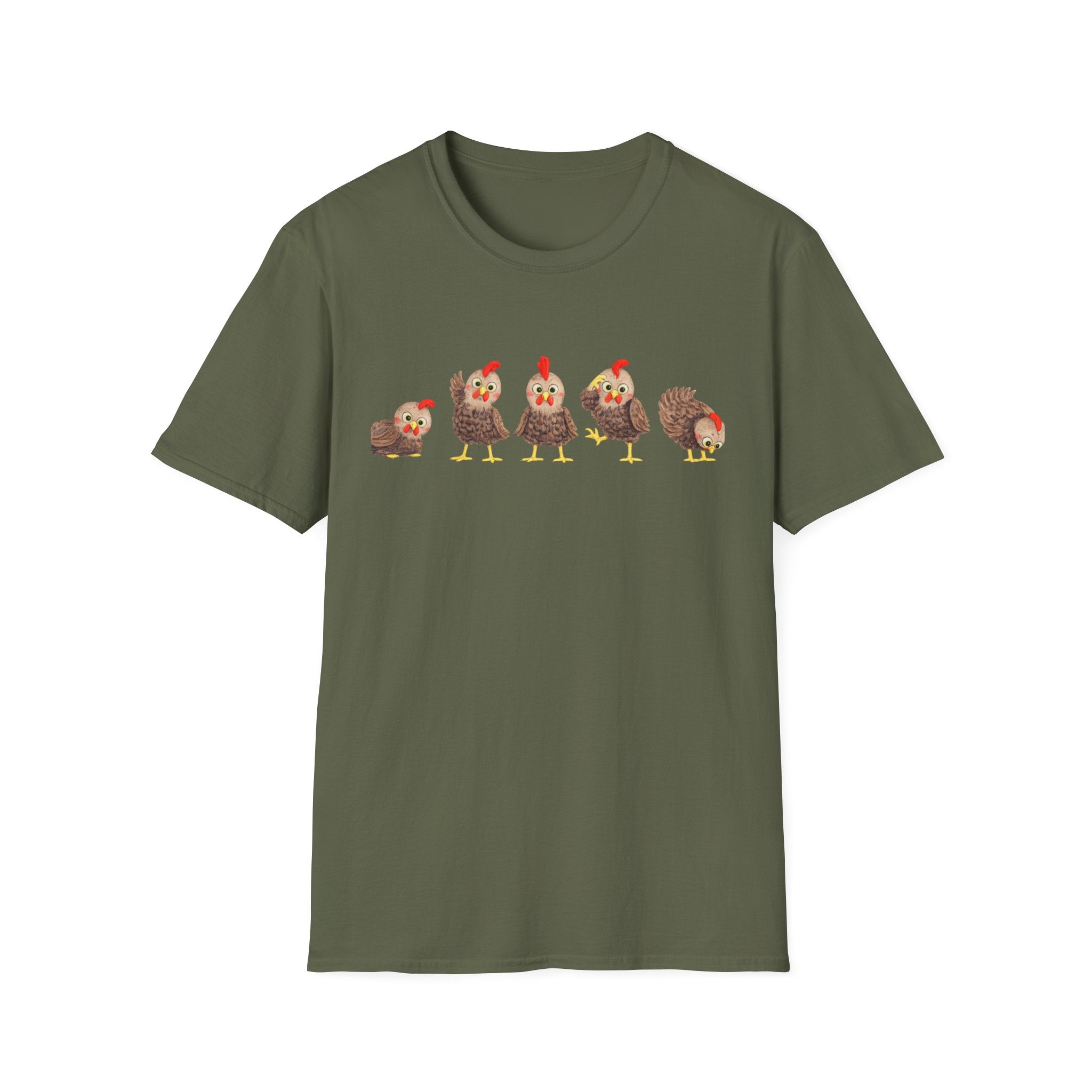 Cute Chickens T-Shirt — Row of Cartoon Hens Farm Animal Tee