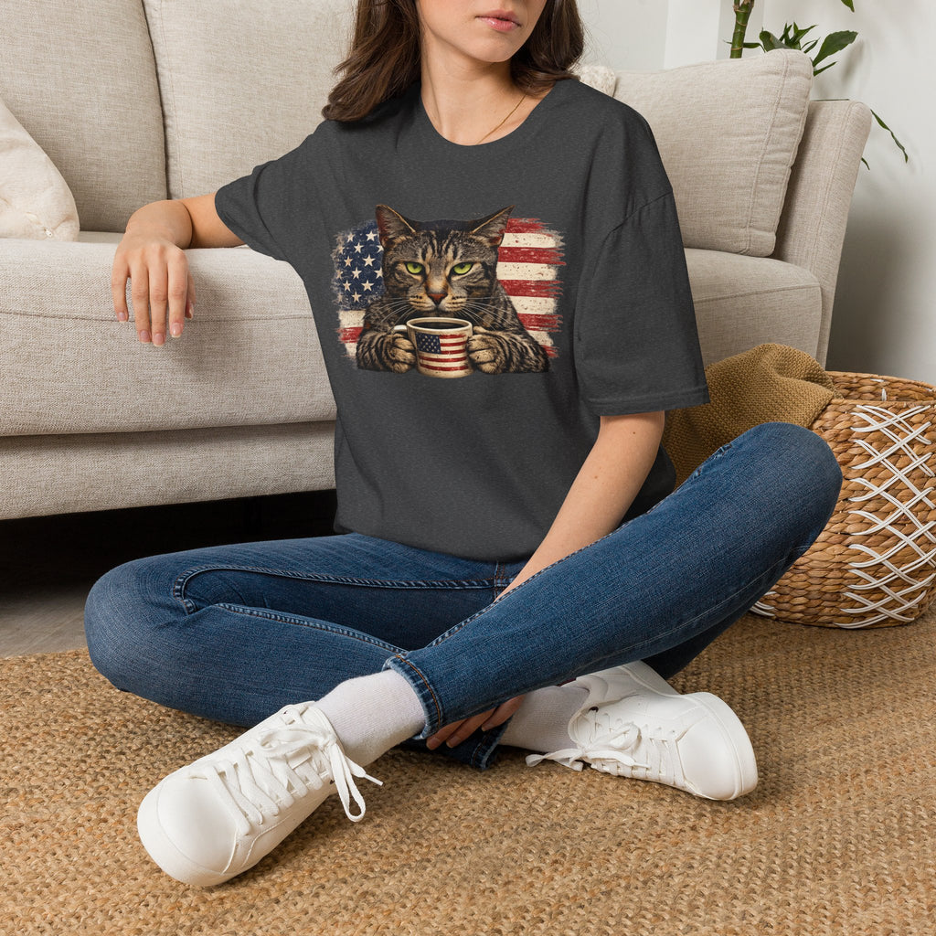 Patriotic Cat T-Shirt — American Flag Kitty with Coffee Mug