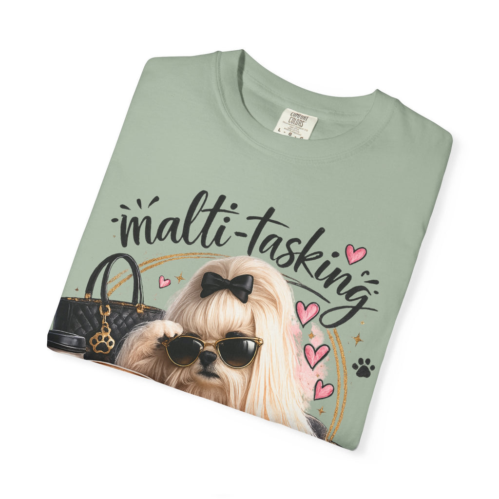 Multi-Tasking Mom T-Shirt – Cute Maltese Dog with Coffee & Handbag Graphic