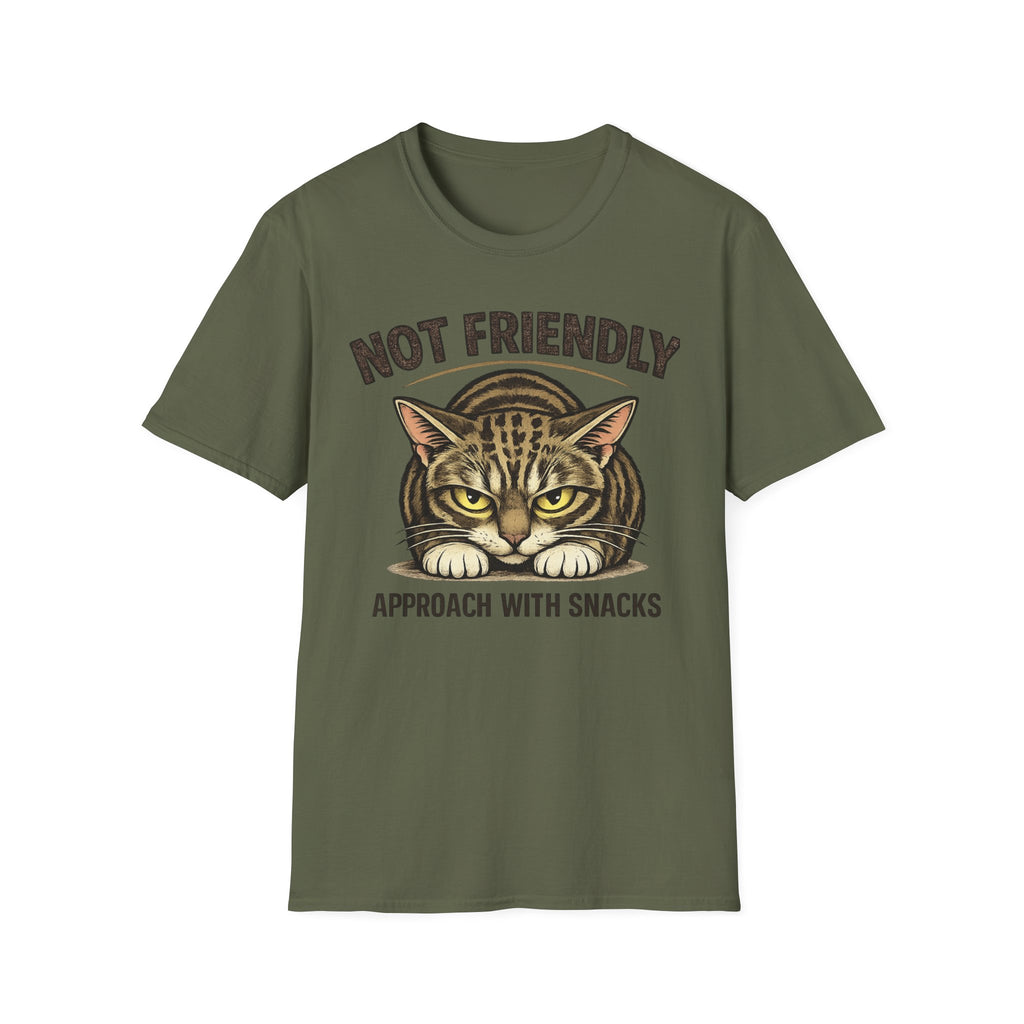 Not Friendly Cat T-Shirt — "Approach With Snacks" Vintage Grumpy Cat Tee